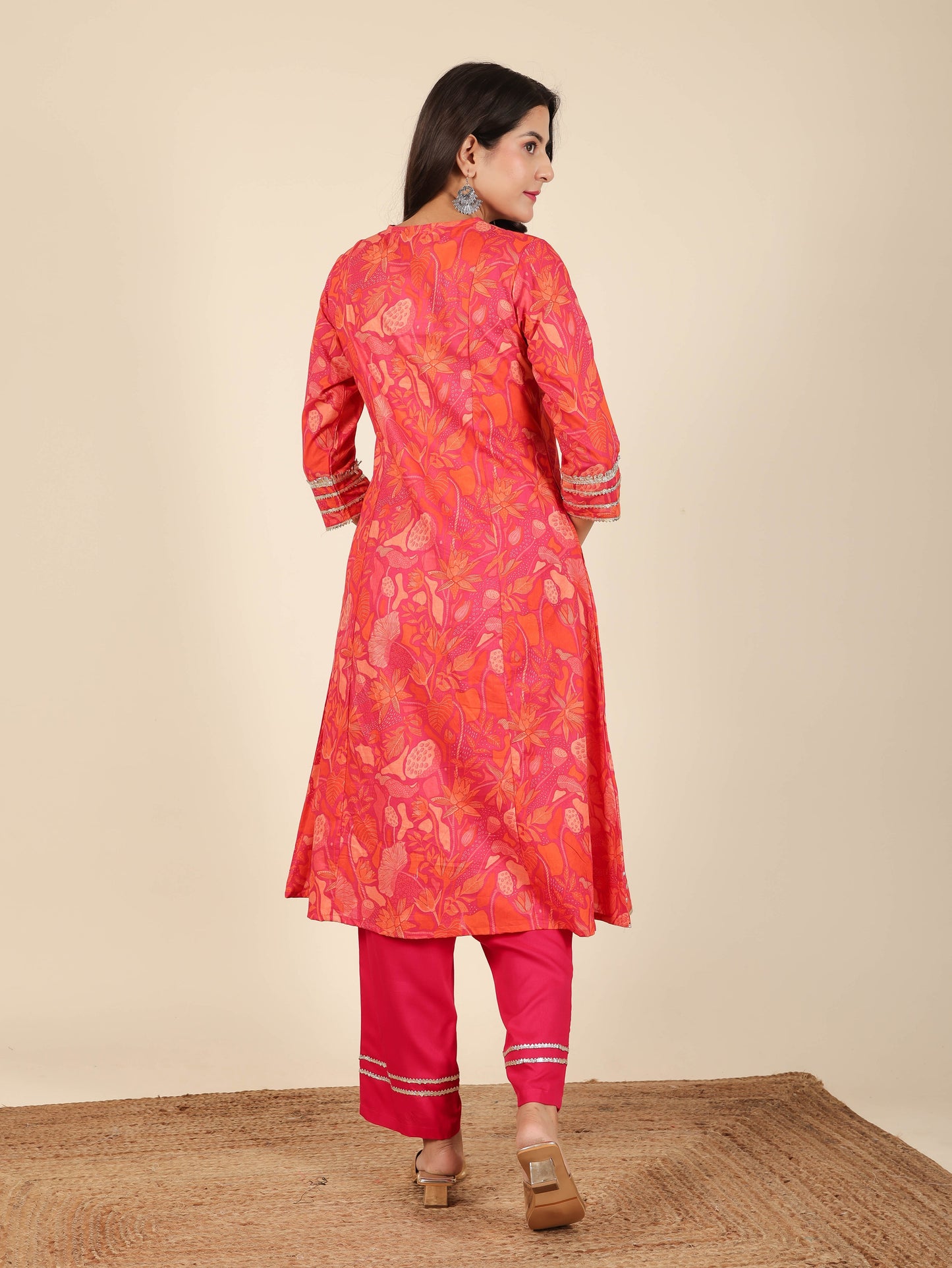 Soft Cotton Floral Panelled Orange Kurta