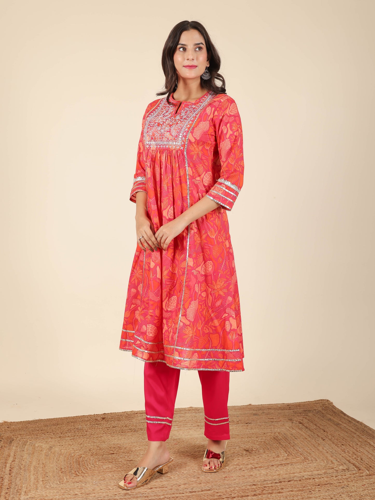 Soft Cotton Floral Panelled Orange Kurta