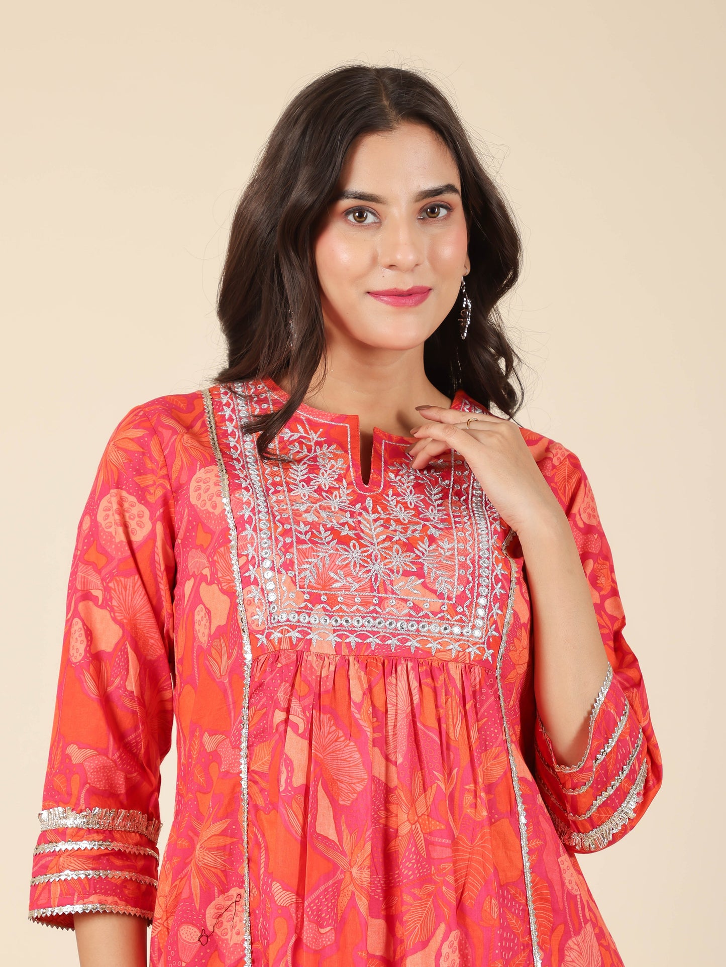 Soft Cotton Floral Panelled Orange Kurta