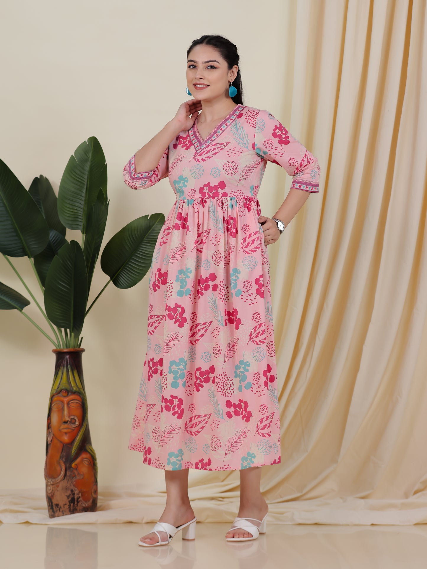 Soft Cotton Floral Anarkali Peach Dress