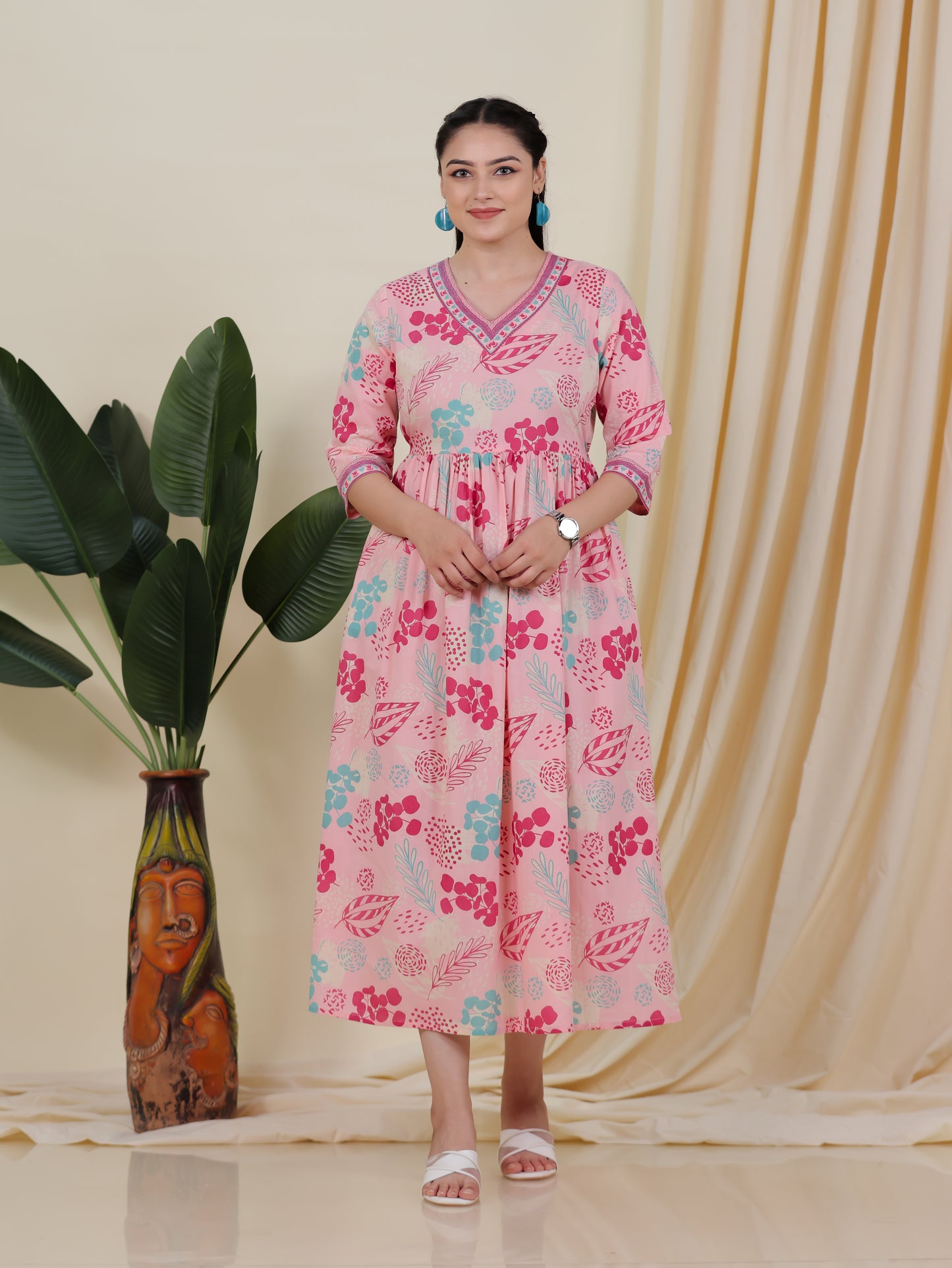 Soft Cotton Floral Anarkali Peach Dress