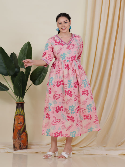 Soft Cotton Floral Anarkali Peach Dress