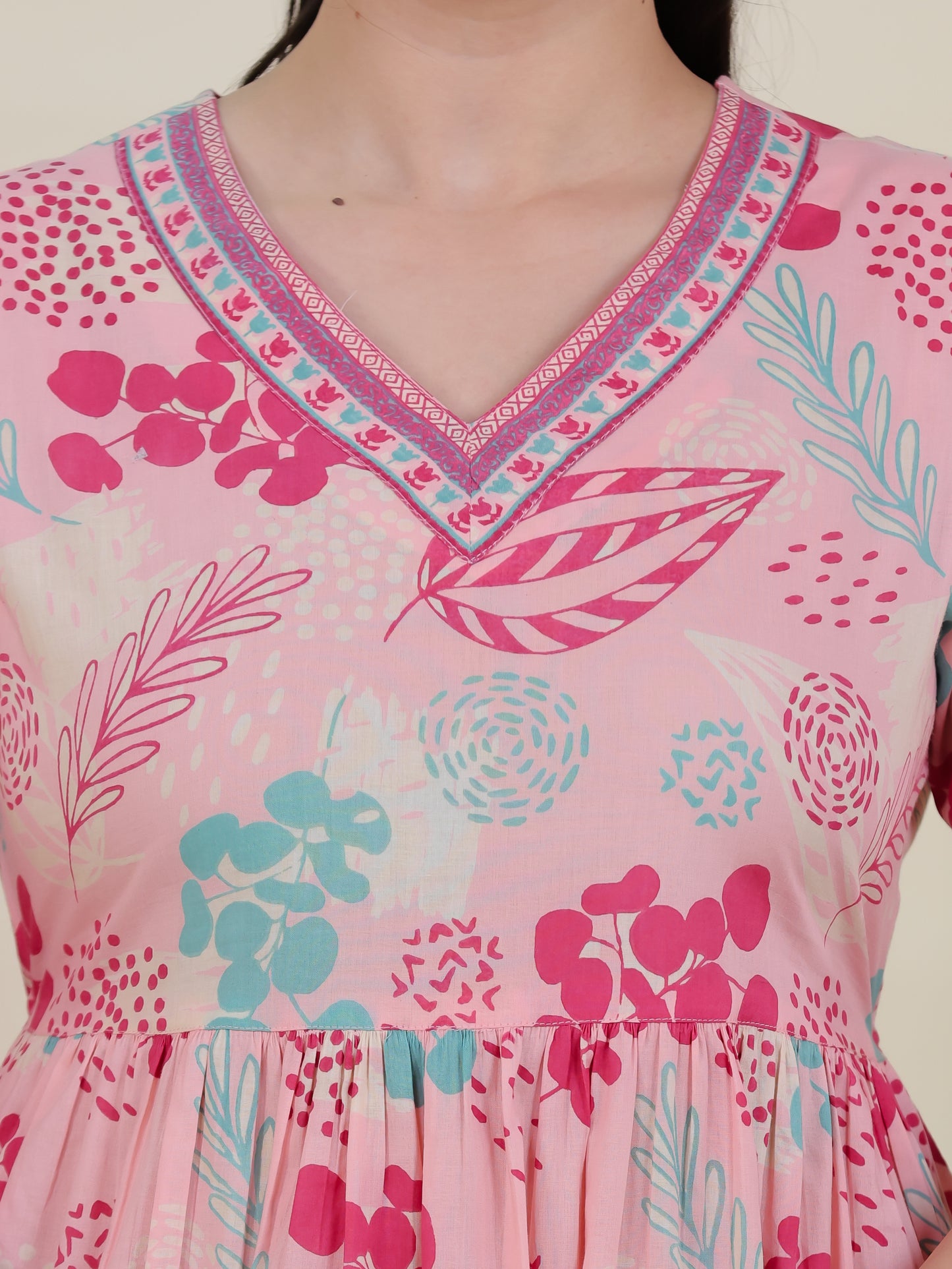 Soft Cotton Floral Anarkali Peach Dress