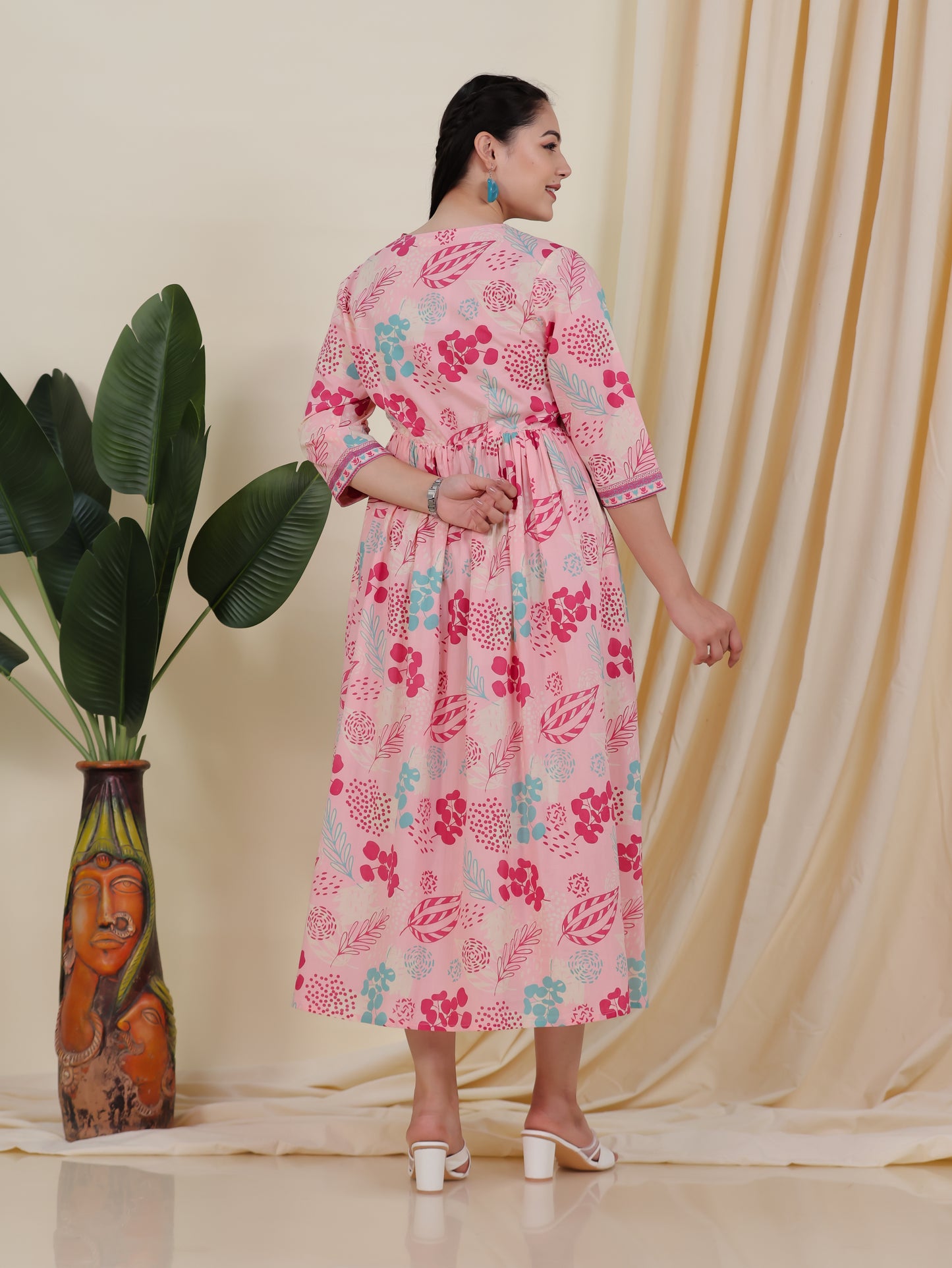 Soft Cotton Floral Anarkali Peach Dress