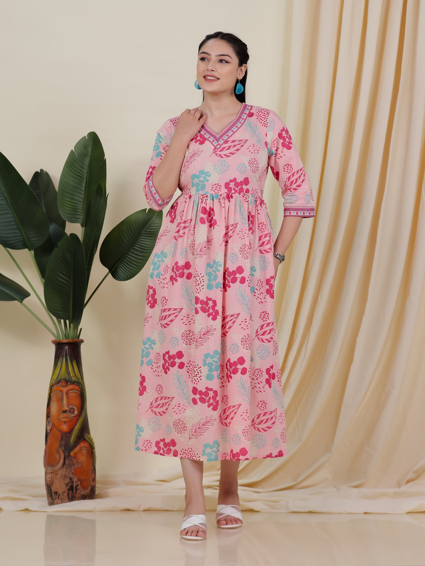 Soft Cotton Floral Anarkali Peach Dress