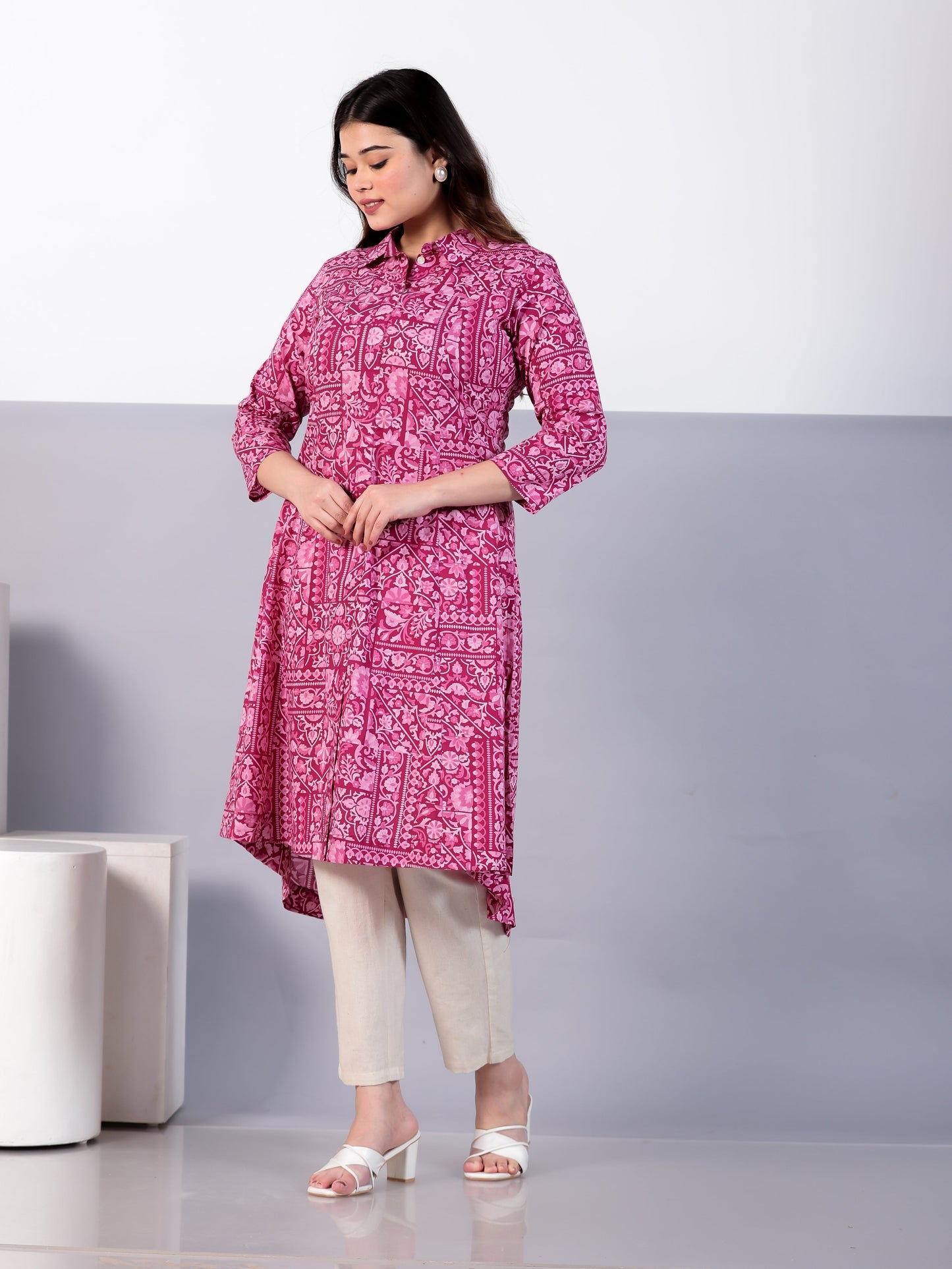 Soft Cotton Patchwork High Low Pink Kurta