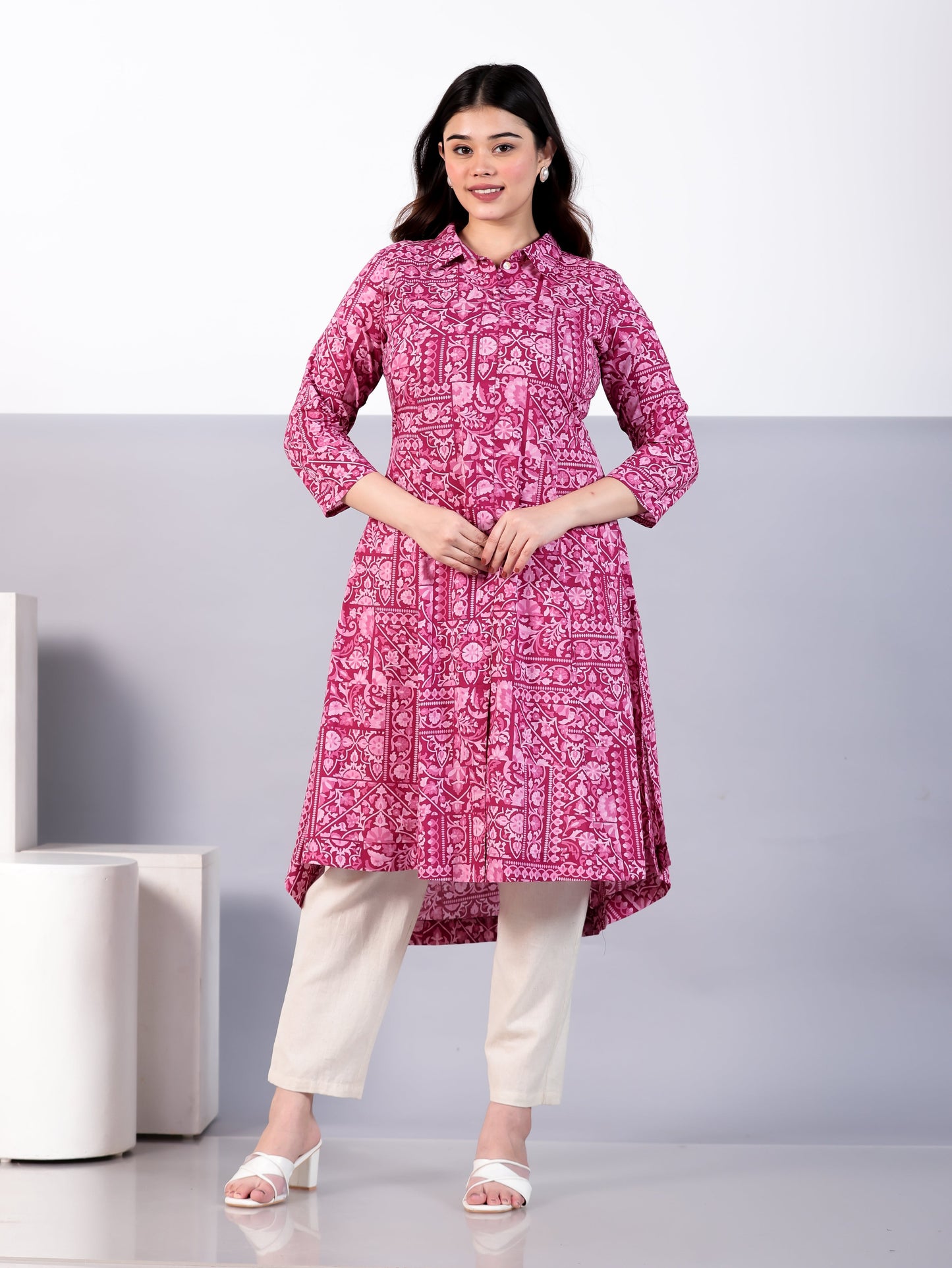 Soft Cotton Patchwork High Low Pink Kurta