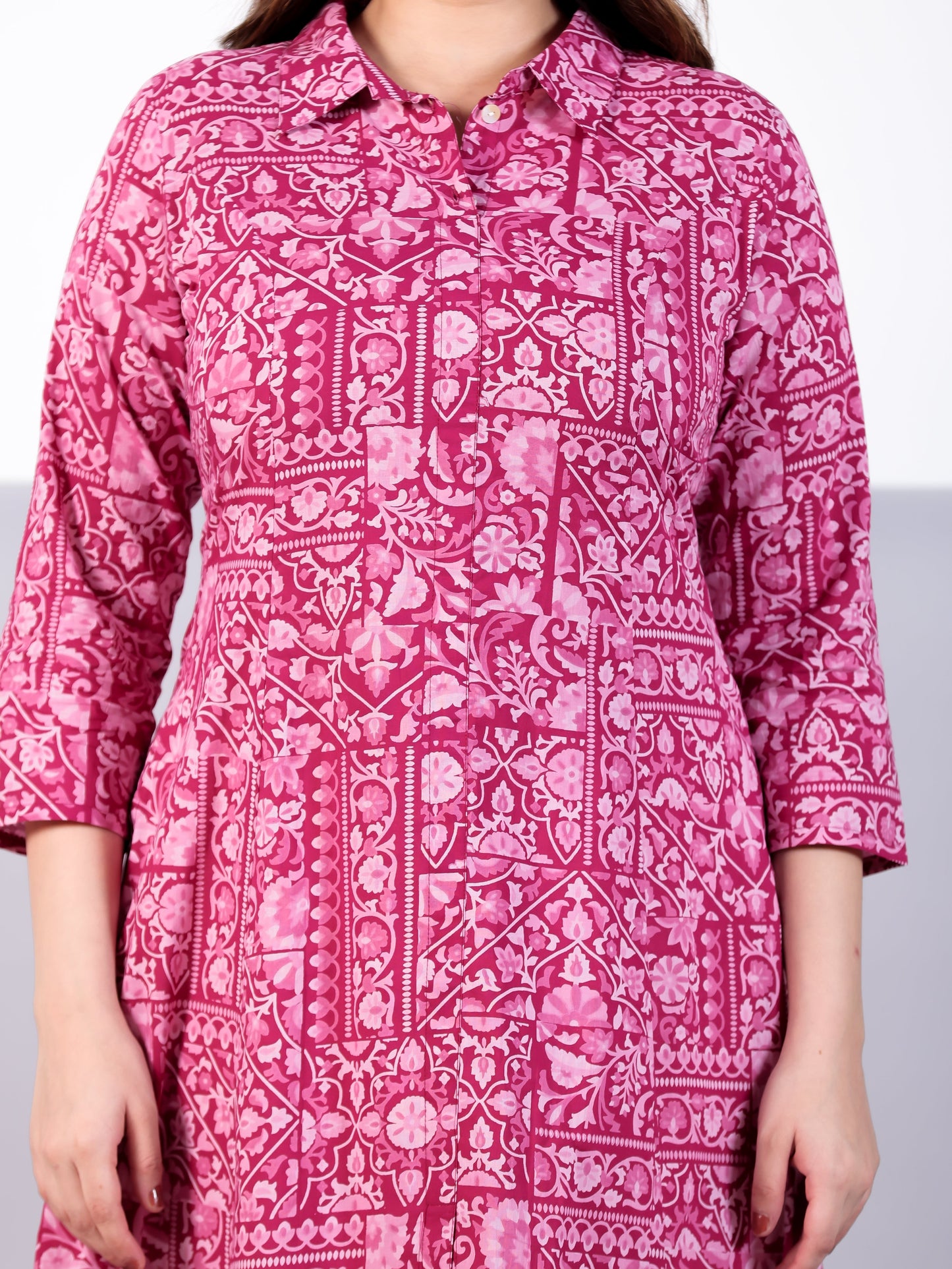 Soft Cotton Patchwork High Low Pink Kurta