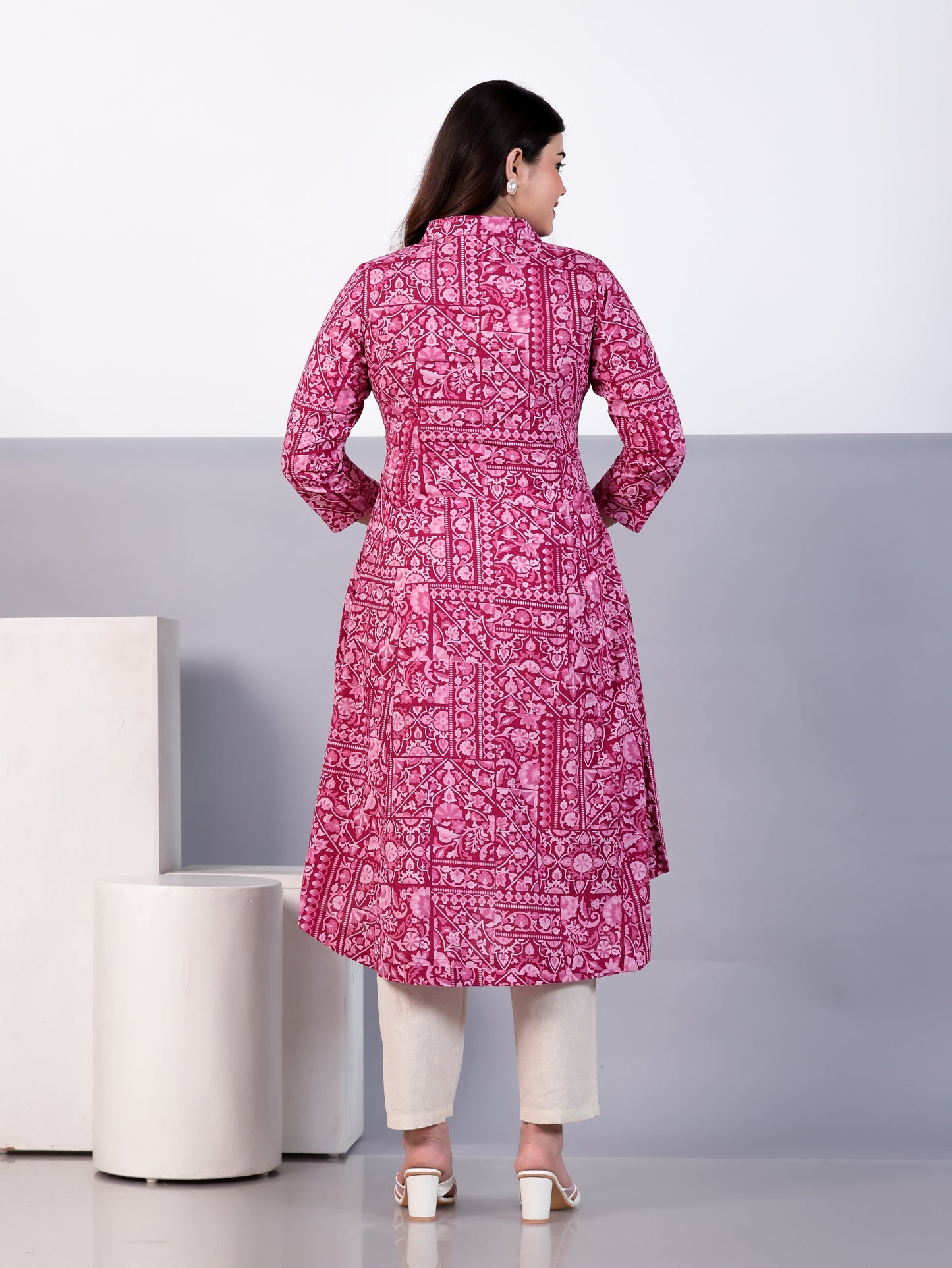 Soft Cotton Patchwork High Low Pink Kurta