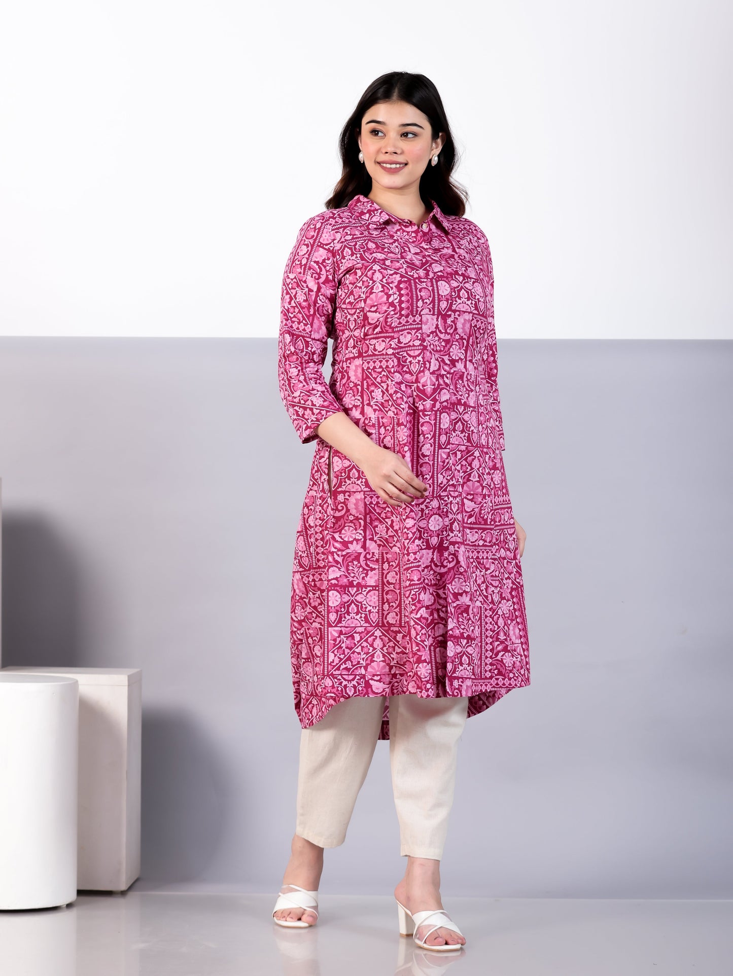 Soft Cotton Patchwork High Low Pink Kurta