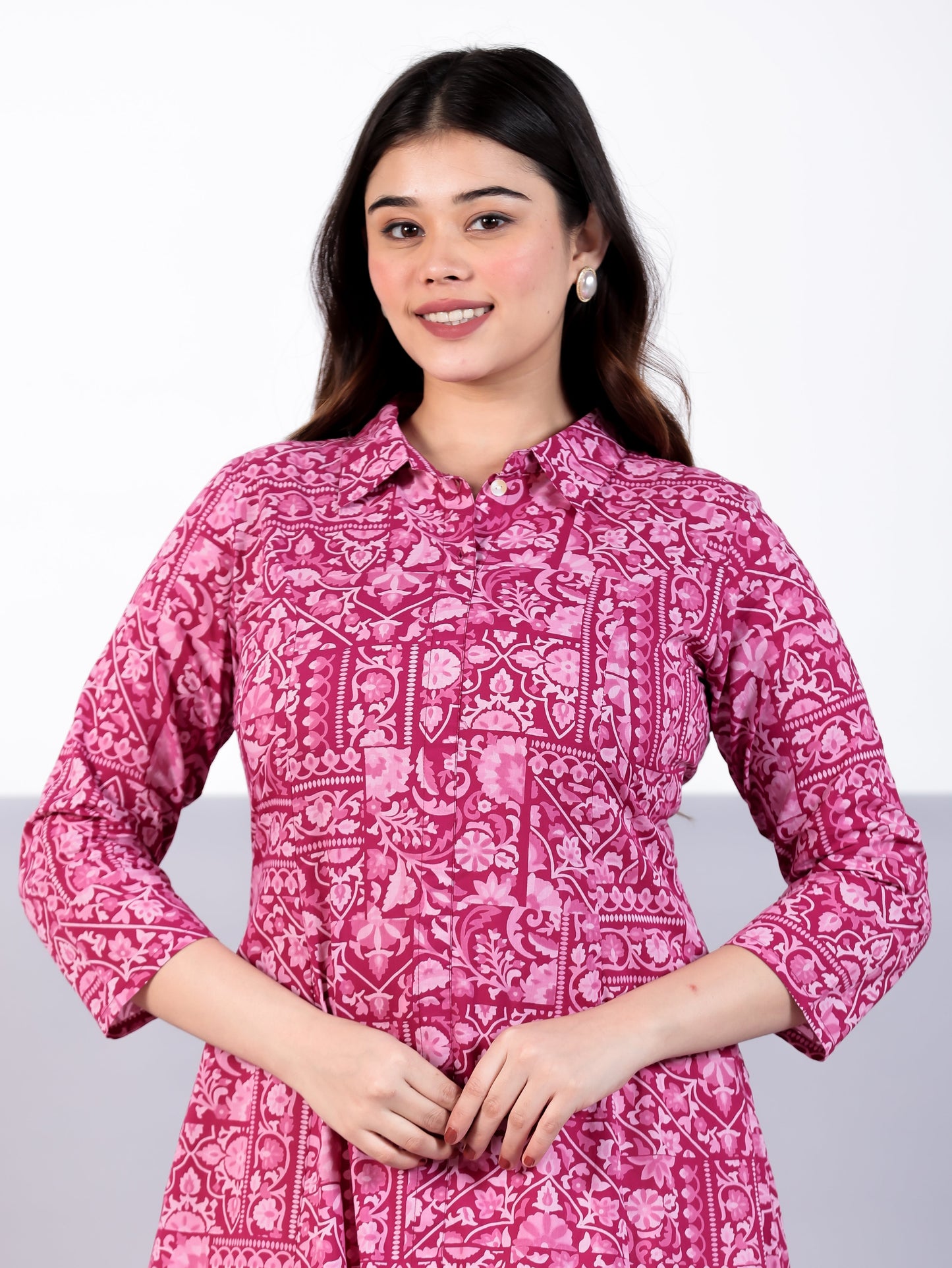 Soft Cotton Patchwork High Low Pink Kurta