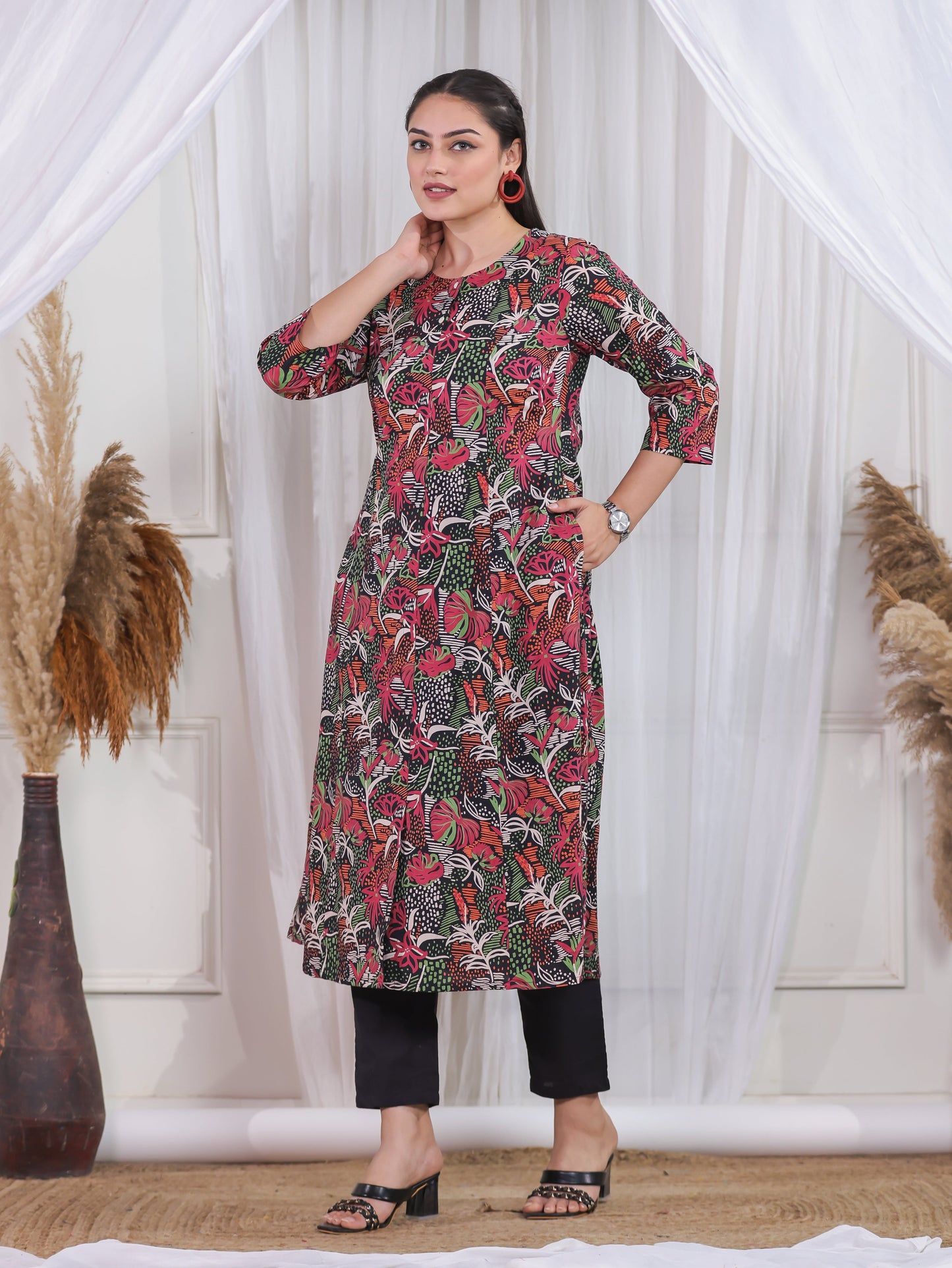 Soft Cotton Abstract Flared Black Kurta
