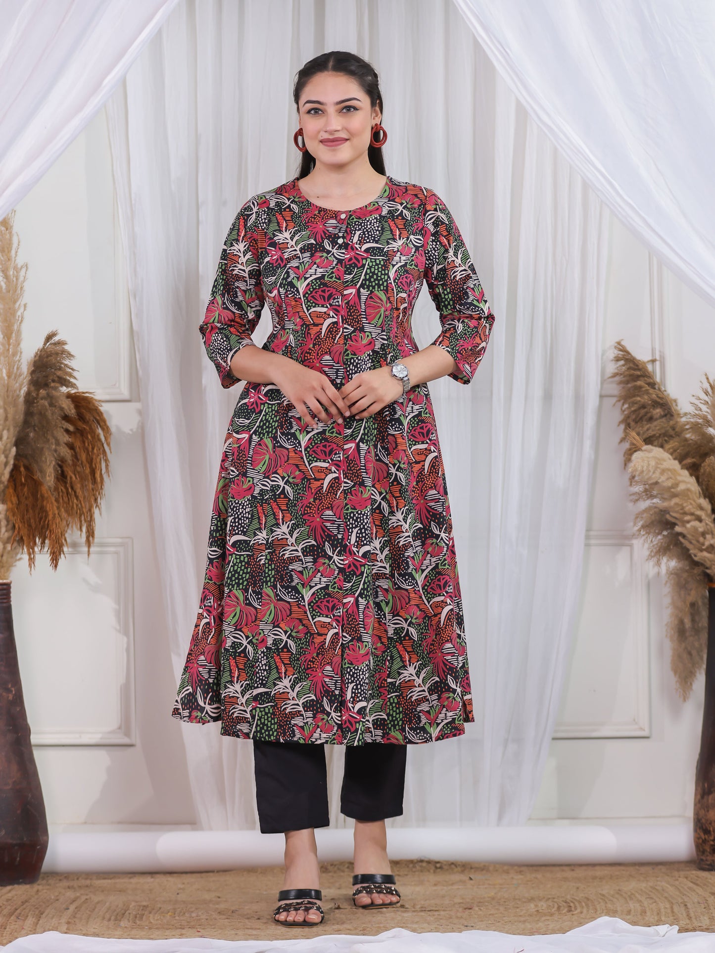 Soft Cotton Abstract Flared Black Kurta