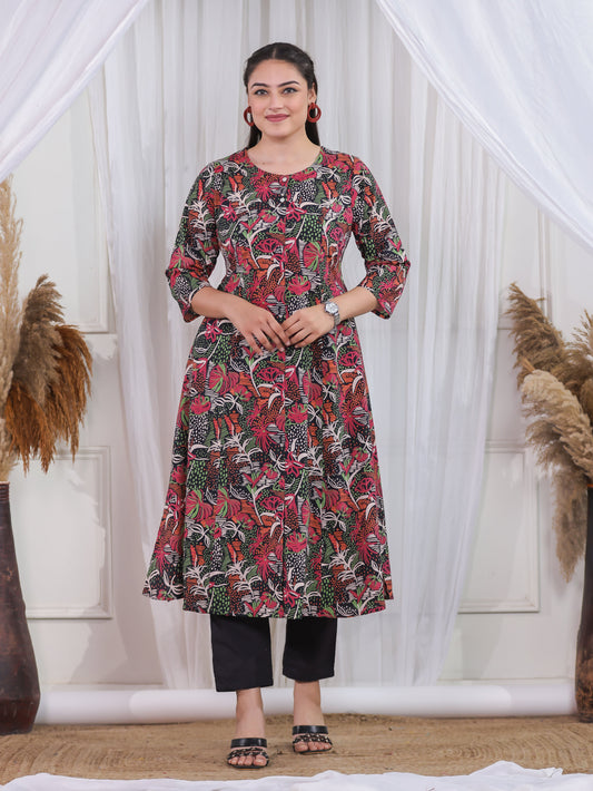 Soft Cotton Abstract Flared Black Kurta