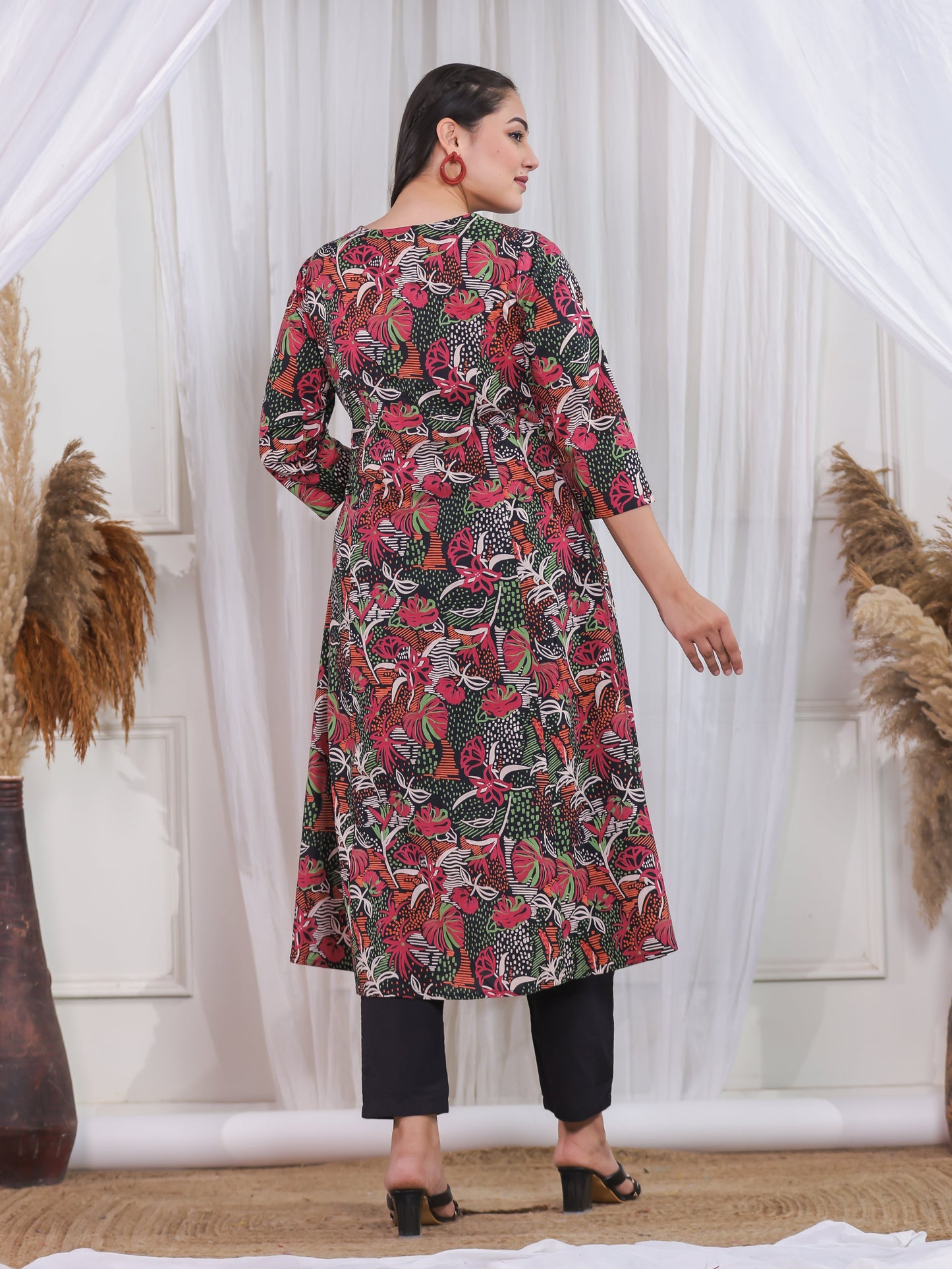 Soft Cotton Abstract Flared Black Kurta
