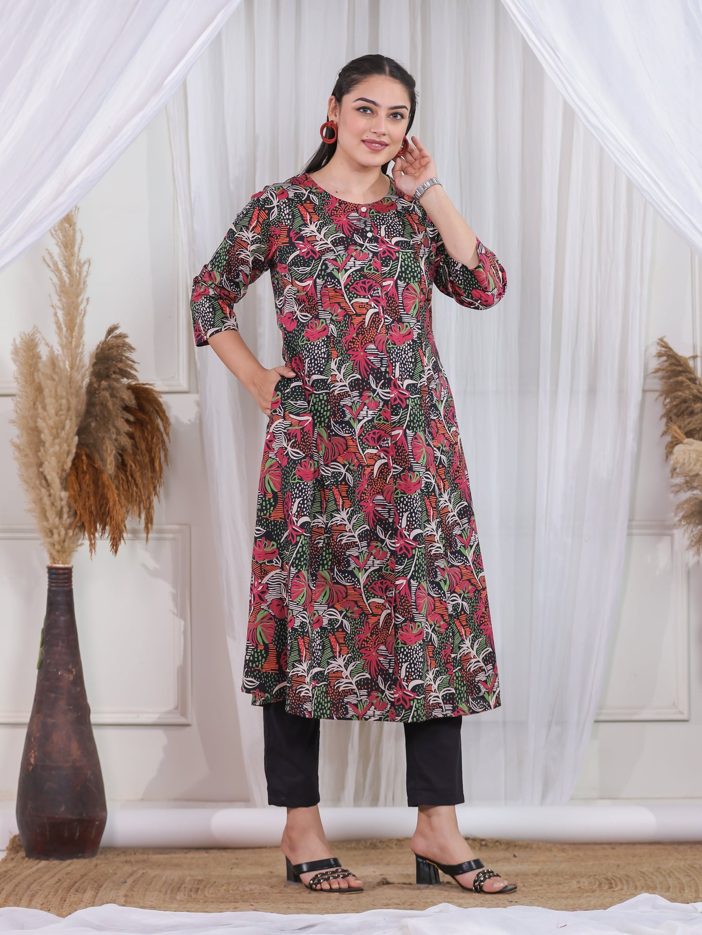 Soft Cotton Abstract Flared Black Kurta