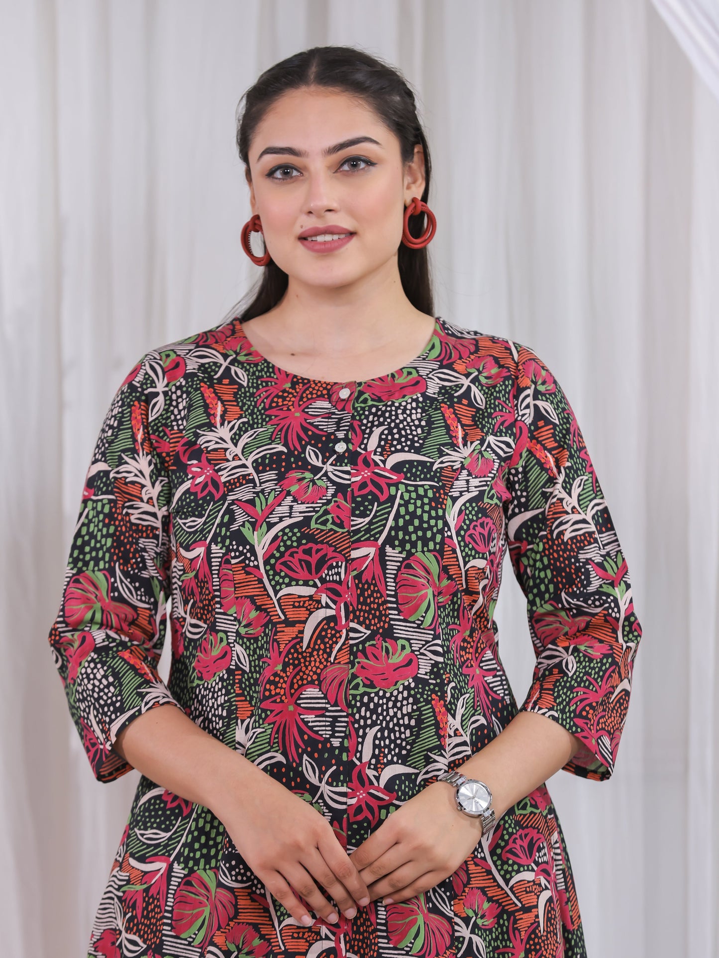 Soft Cotton Abstract Flared Black Kurta