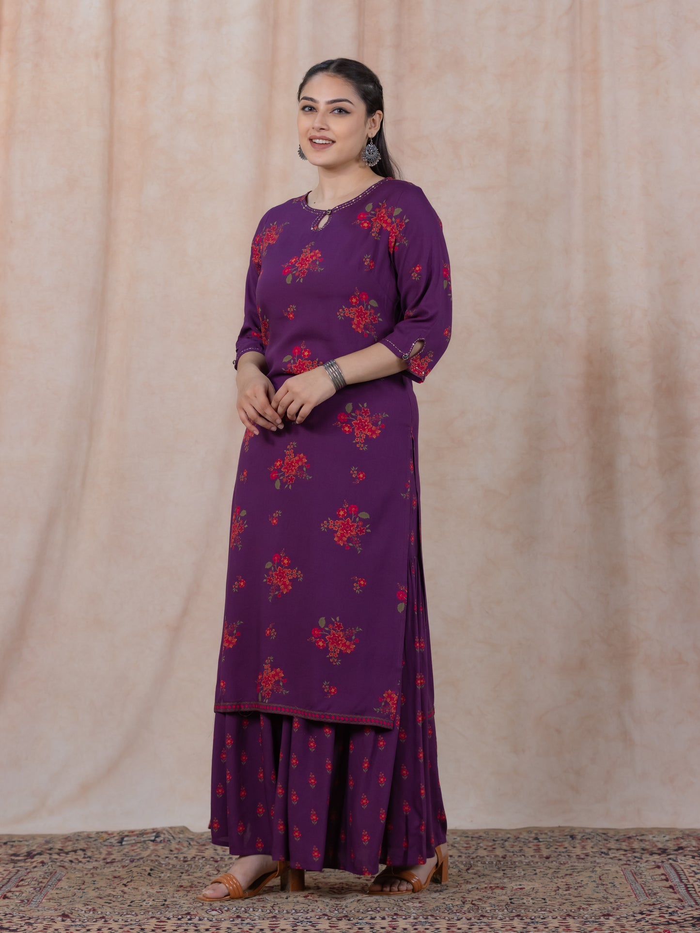 Embroidered Viscose Floral Straight Mauve Kurta