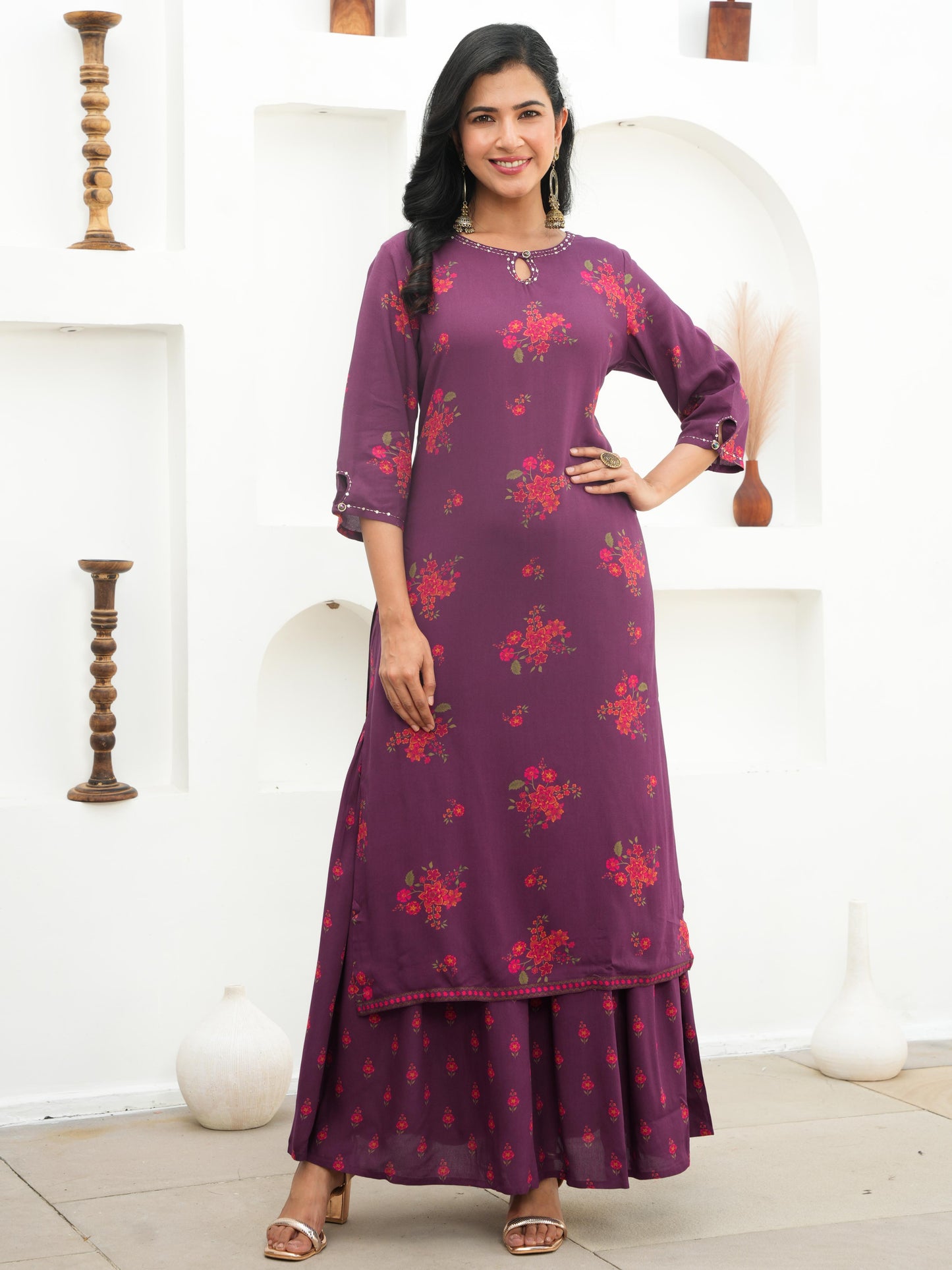Embroidered Viscose Floral Straight Mauve Kurta