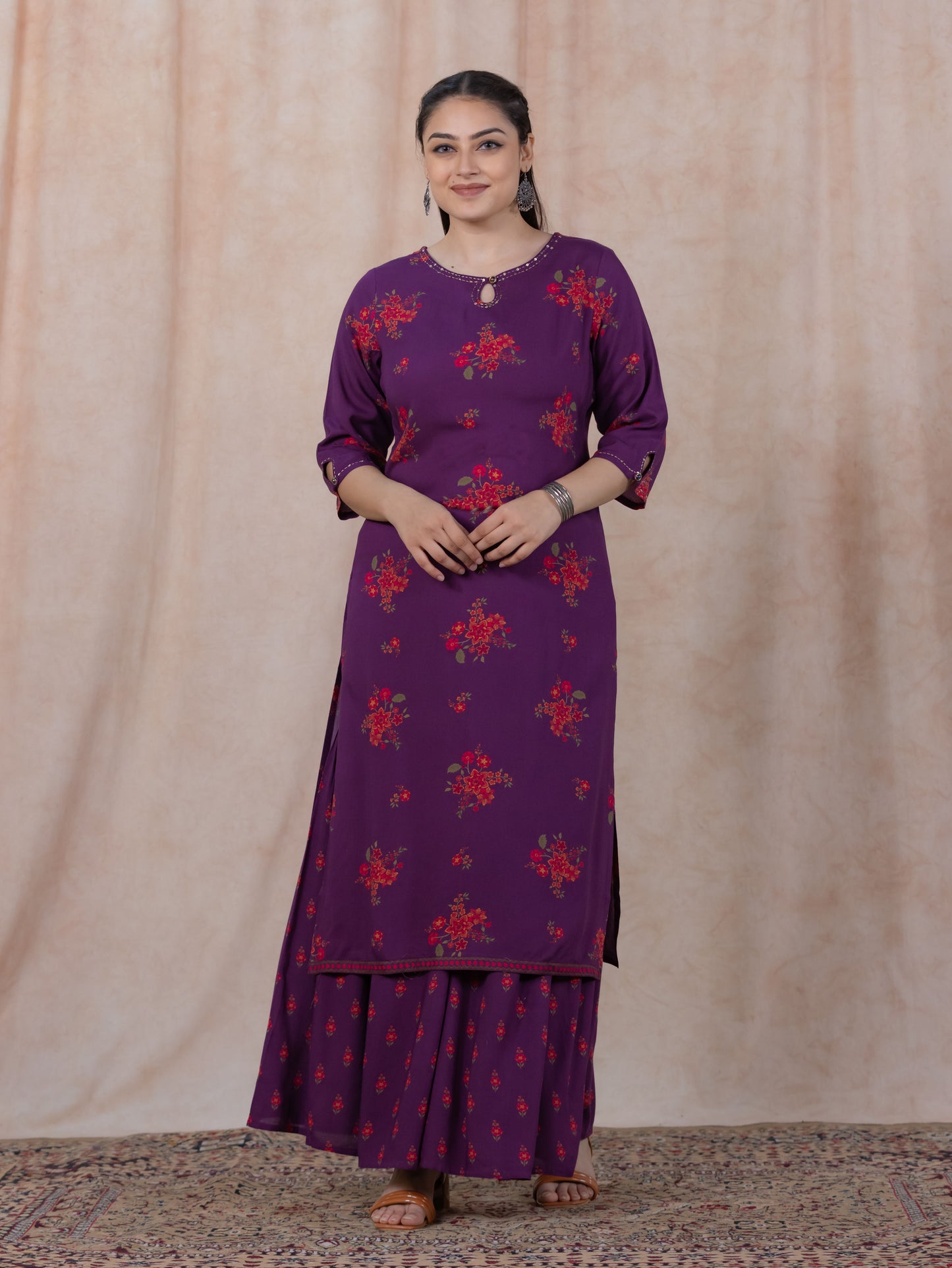 Embroidered Viscose Floral Straight Mauve Kurta
