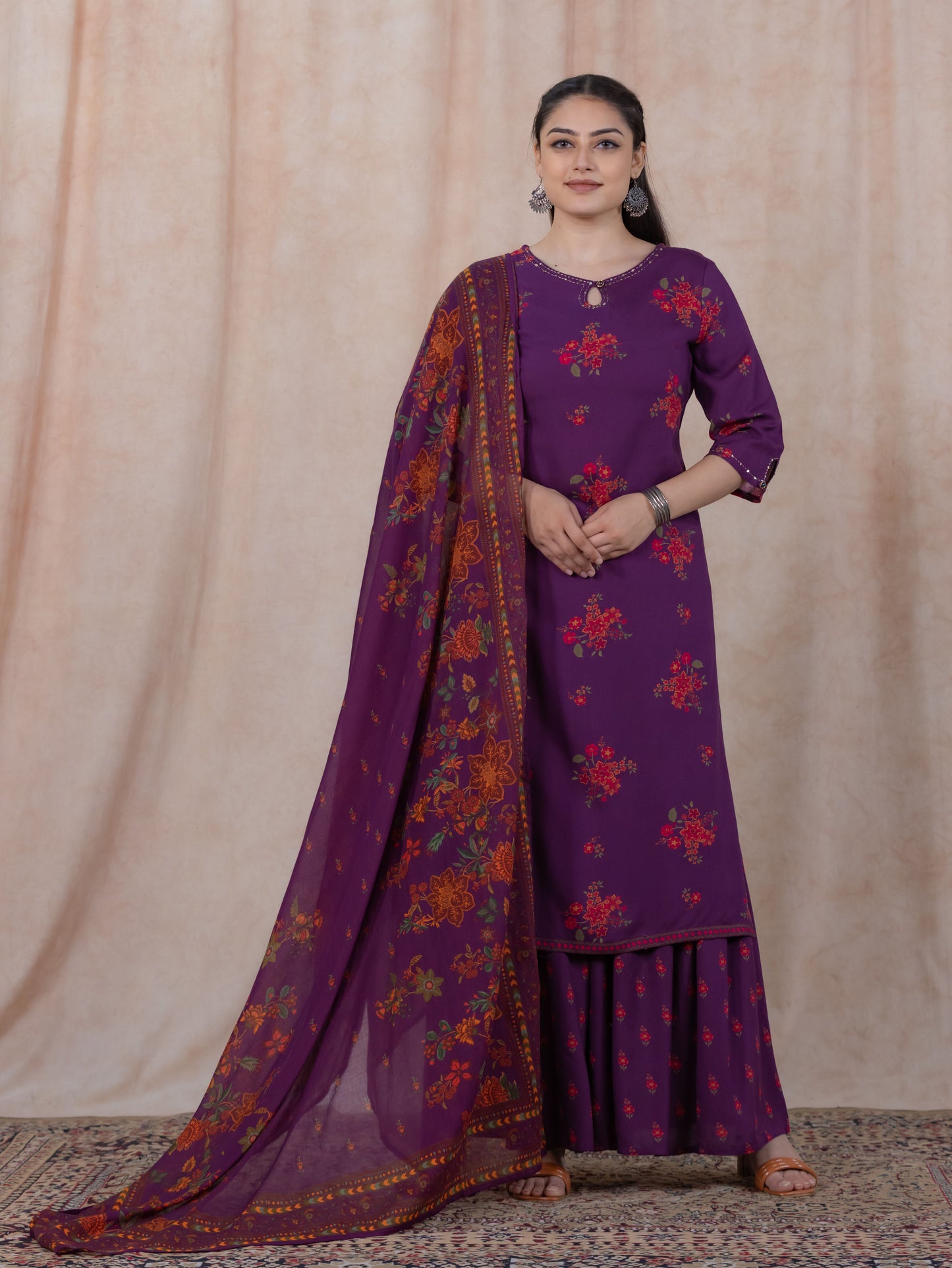 Embroidered Viscose Floral Straight Mauve Kurta