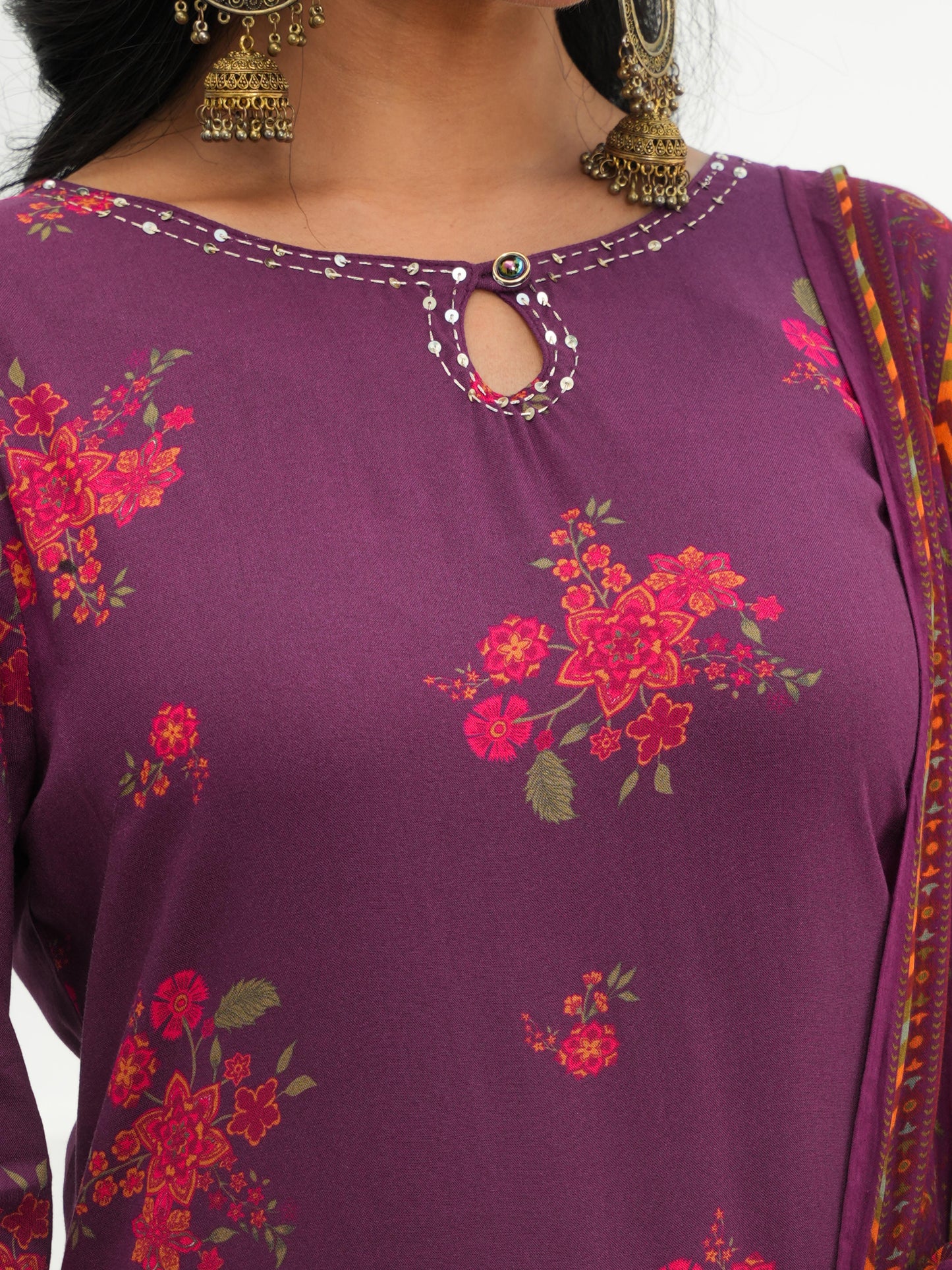 Embroidered Viscose Floral Straight Mauve Kurta