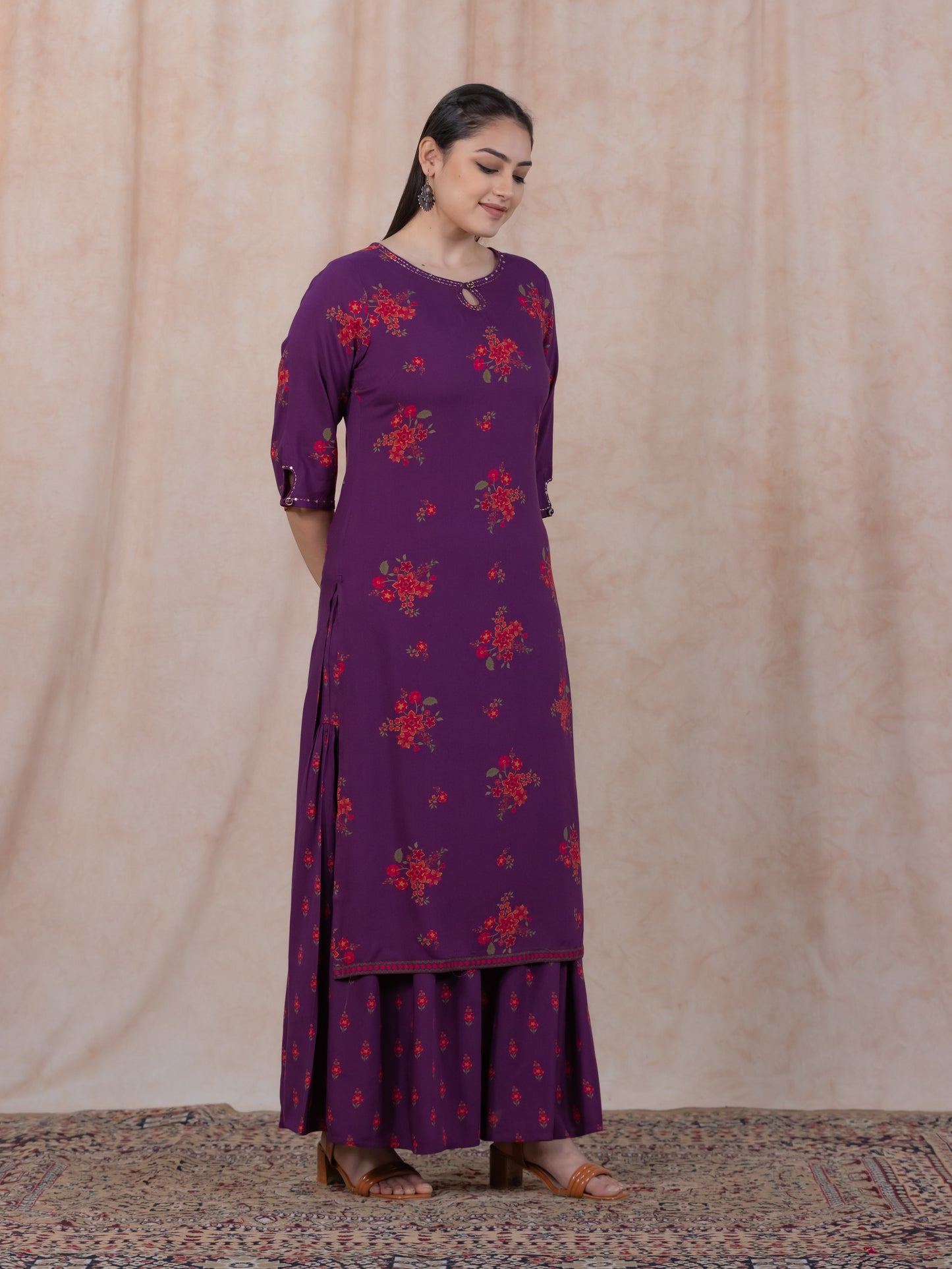 Embroidered Viscose Floral Straight Mauve Kurta