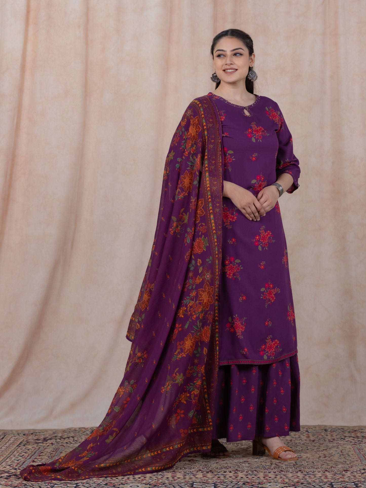 Embroidered Viscose Floral Straight Mauve Kurta