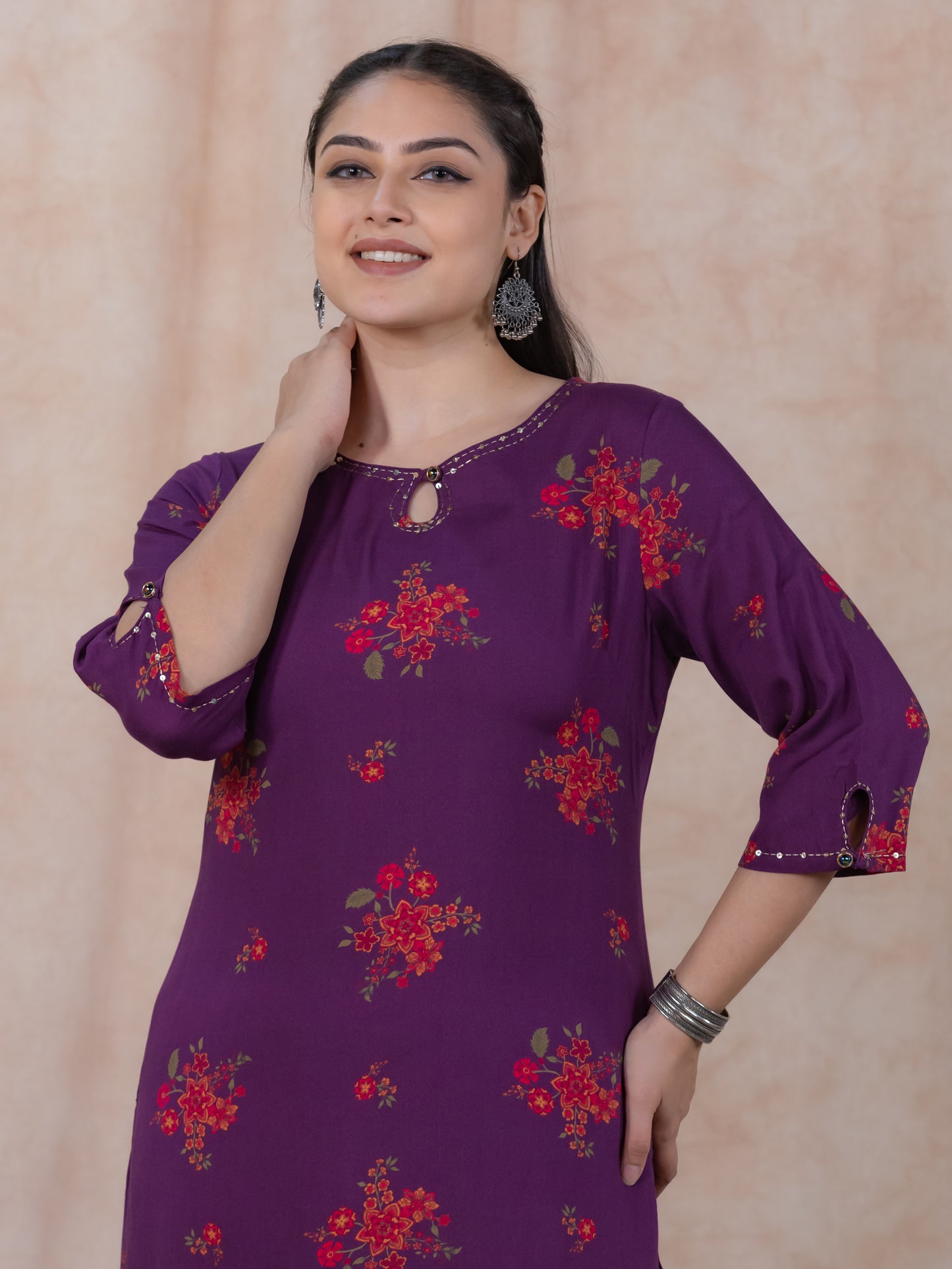 Embroidered Viscose Floral Straight Mauve Kurta