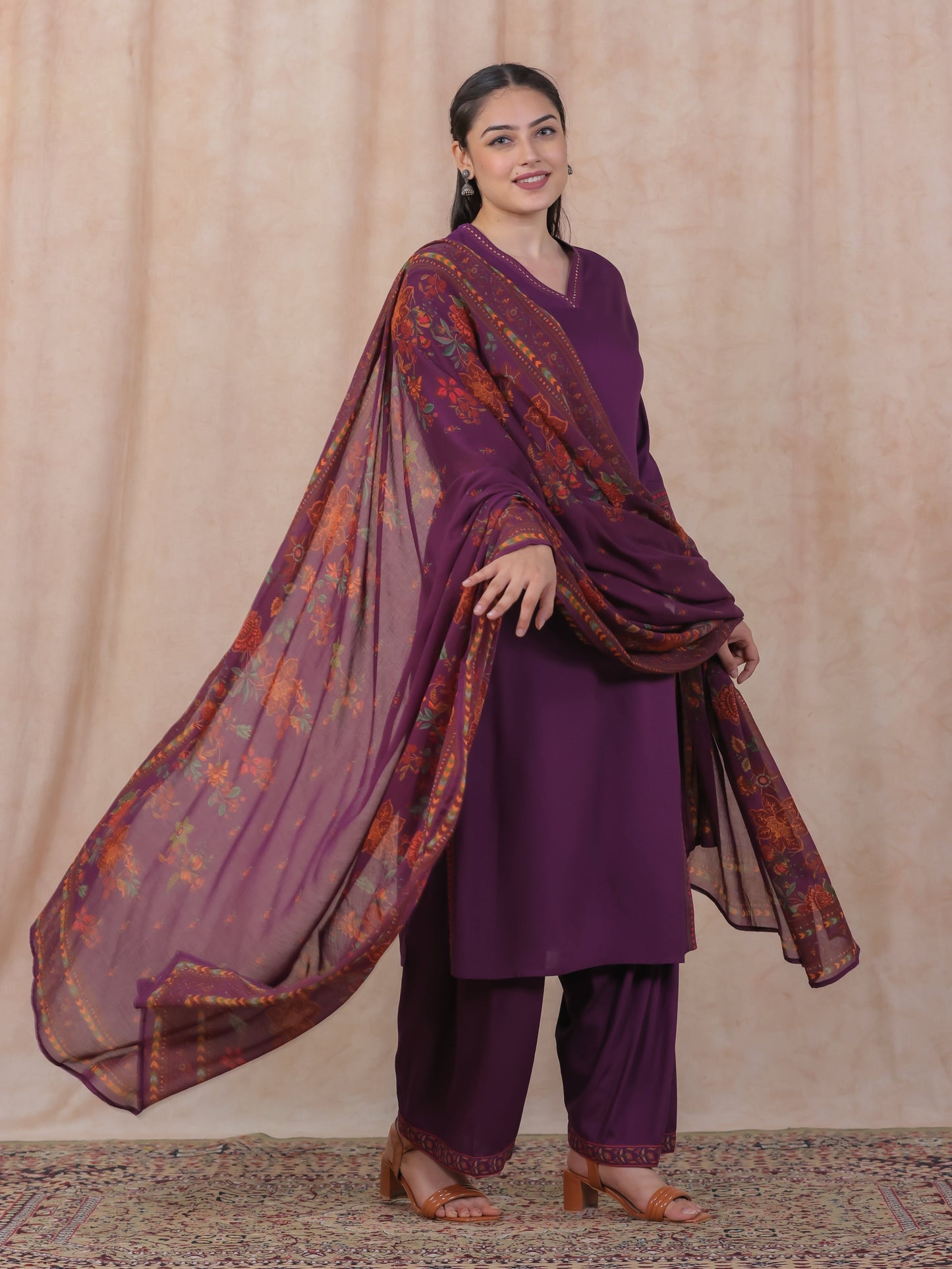 Cotton Voile Floral Purple Dupatta