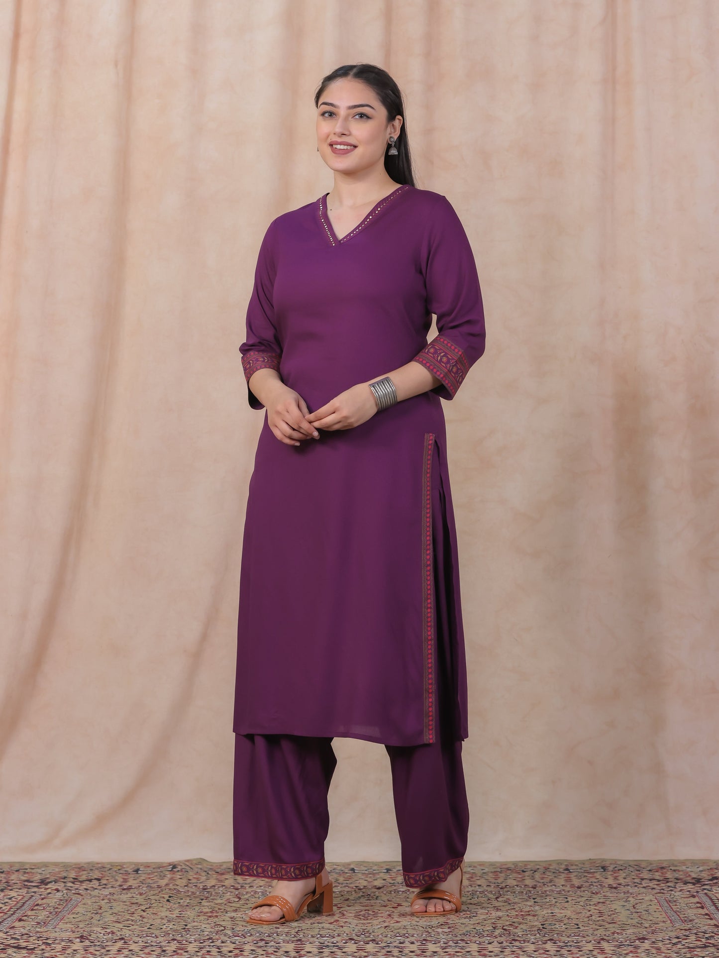 Viscose Solid A-line Purple Kurta