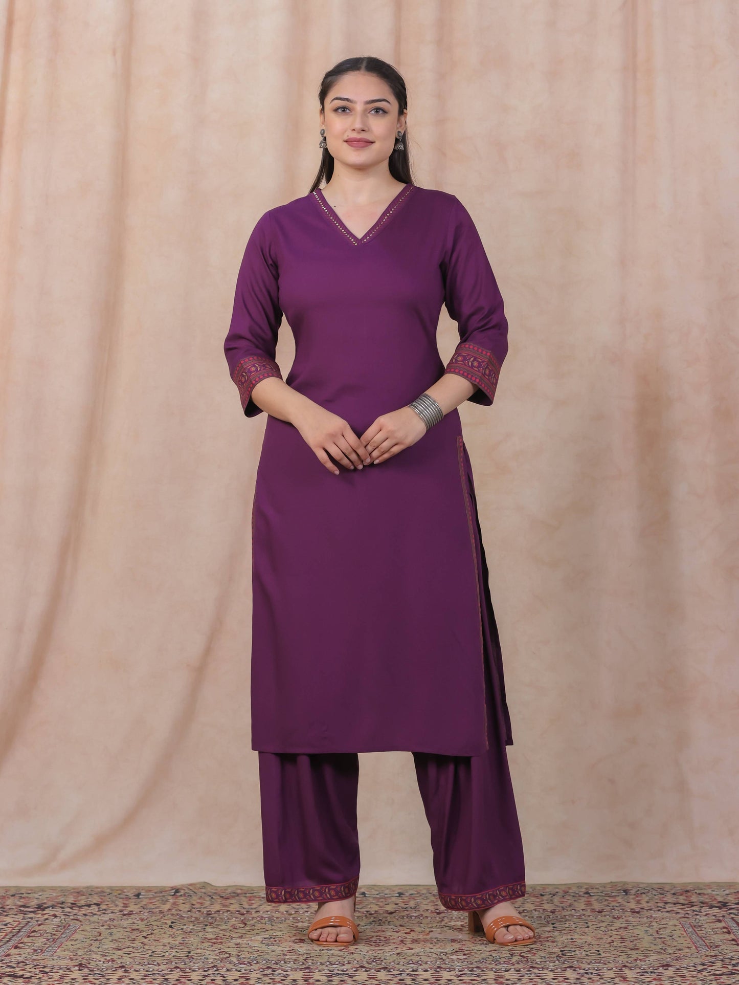 Viscose Solid A-line Purple Kurta