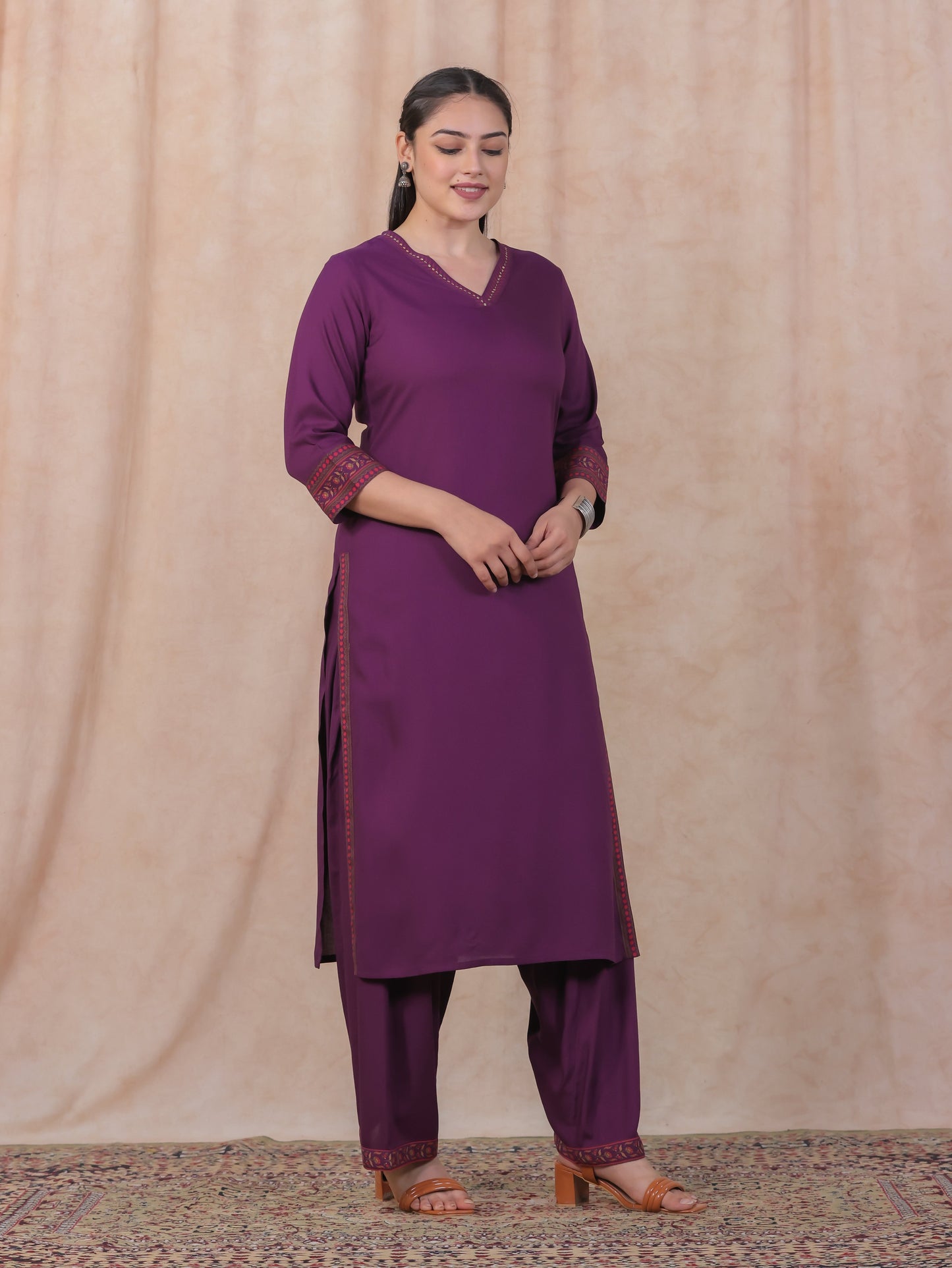 Viscose Solid A-line Purple Kurta