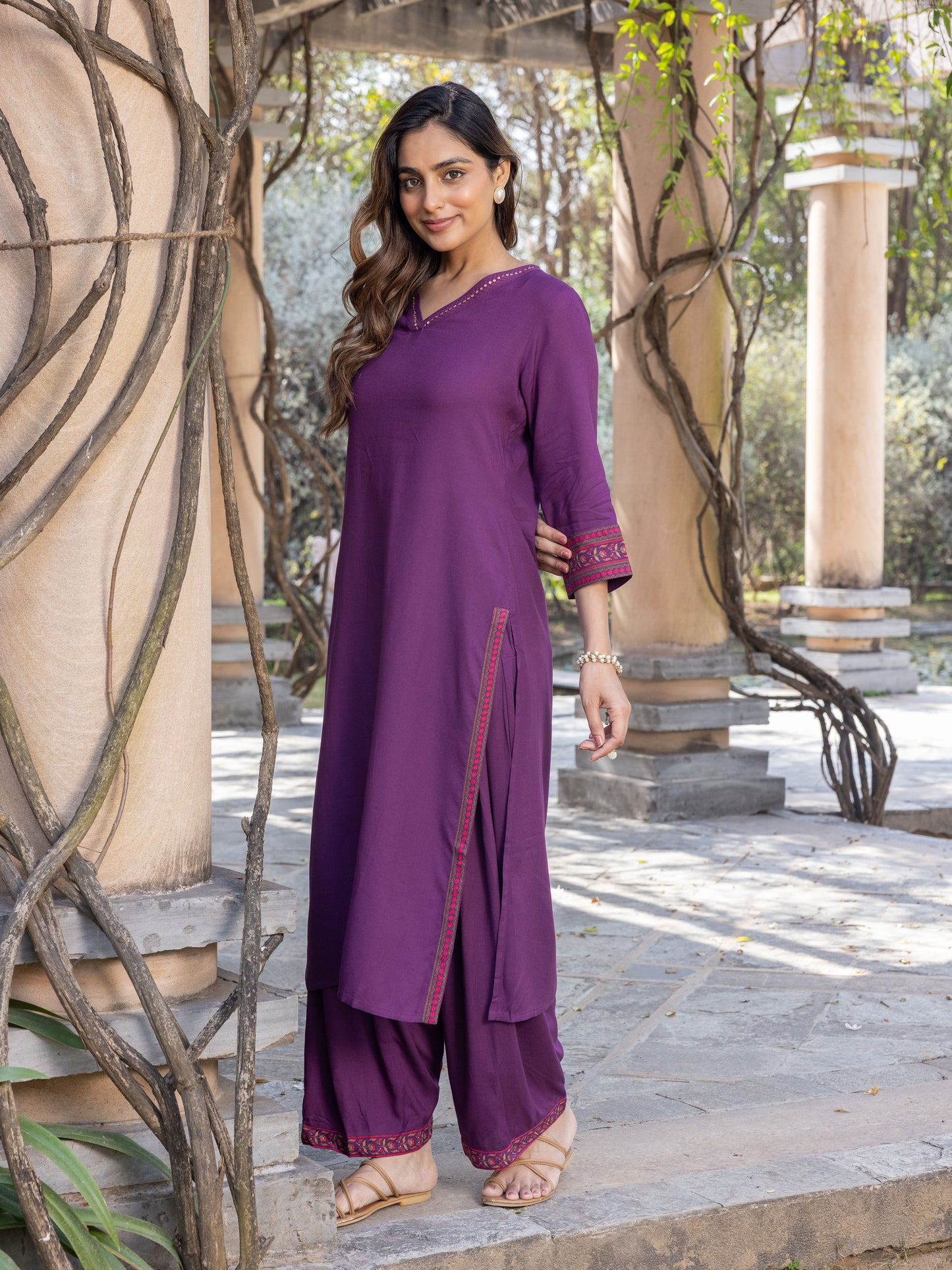 Viscose Solid A-line Purple Kurta