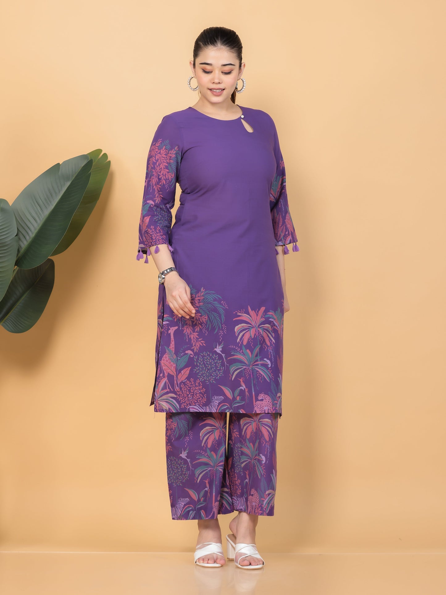 Soft Cotton Placement Print Straight Purple Kurta
