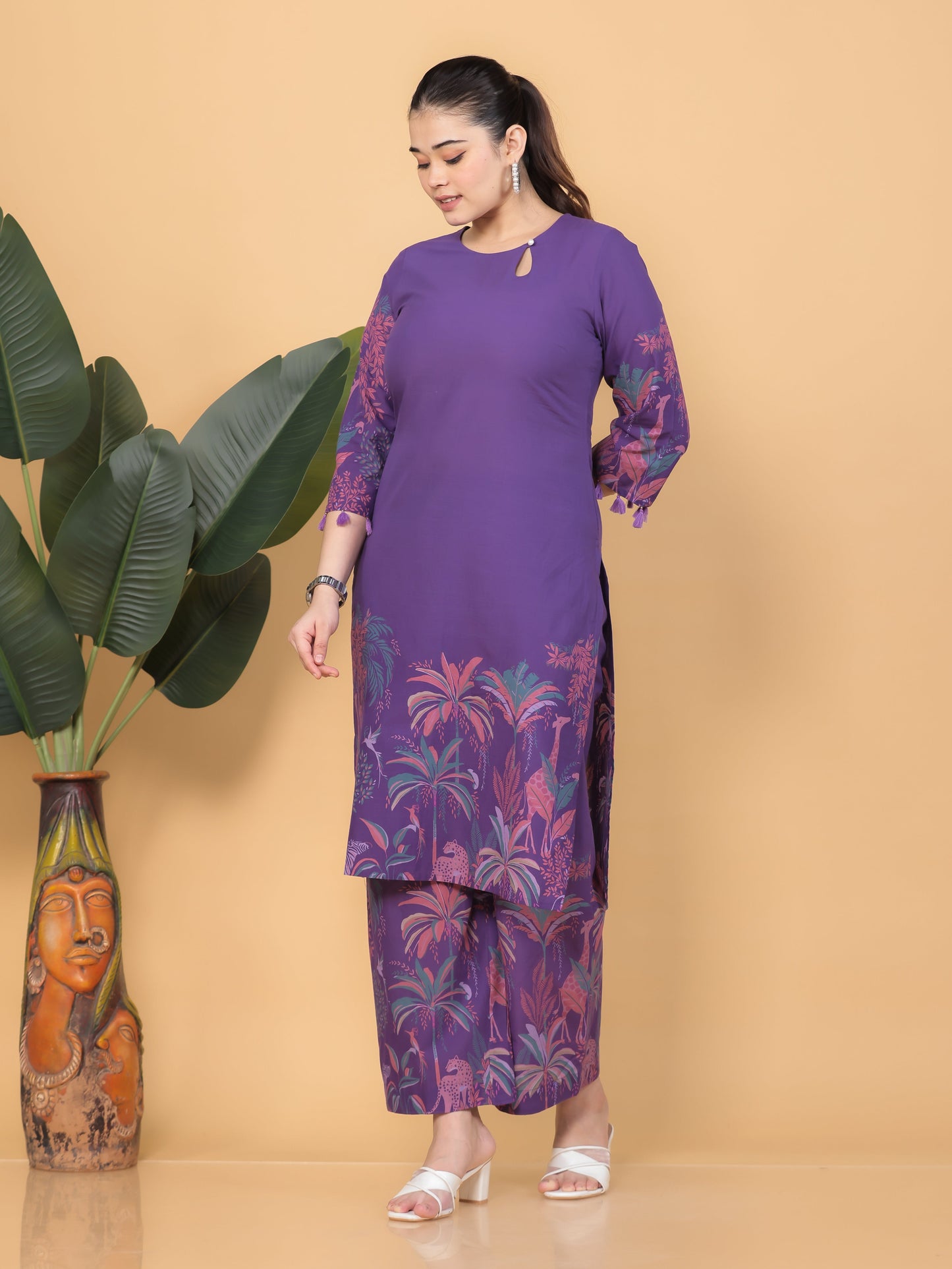 Soft Cotton Placement Print Straight Purple Kurta
