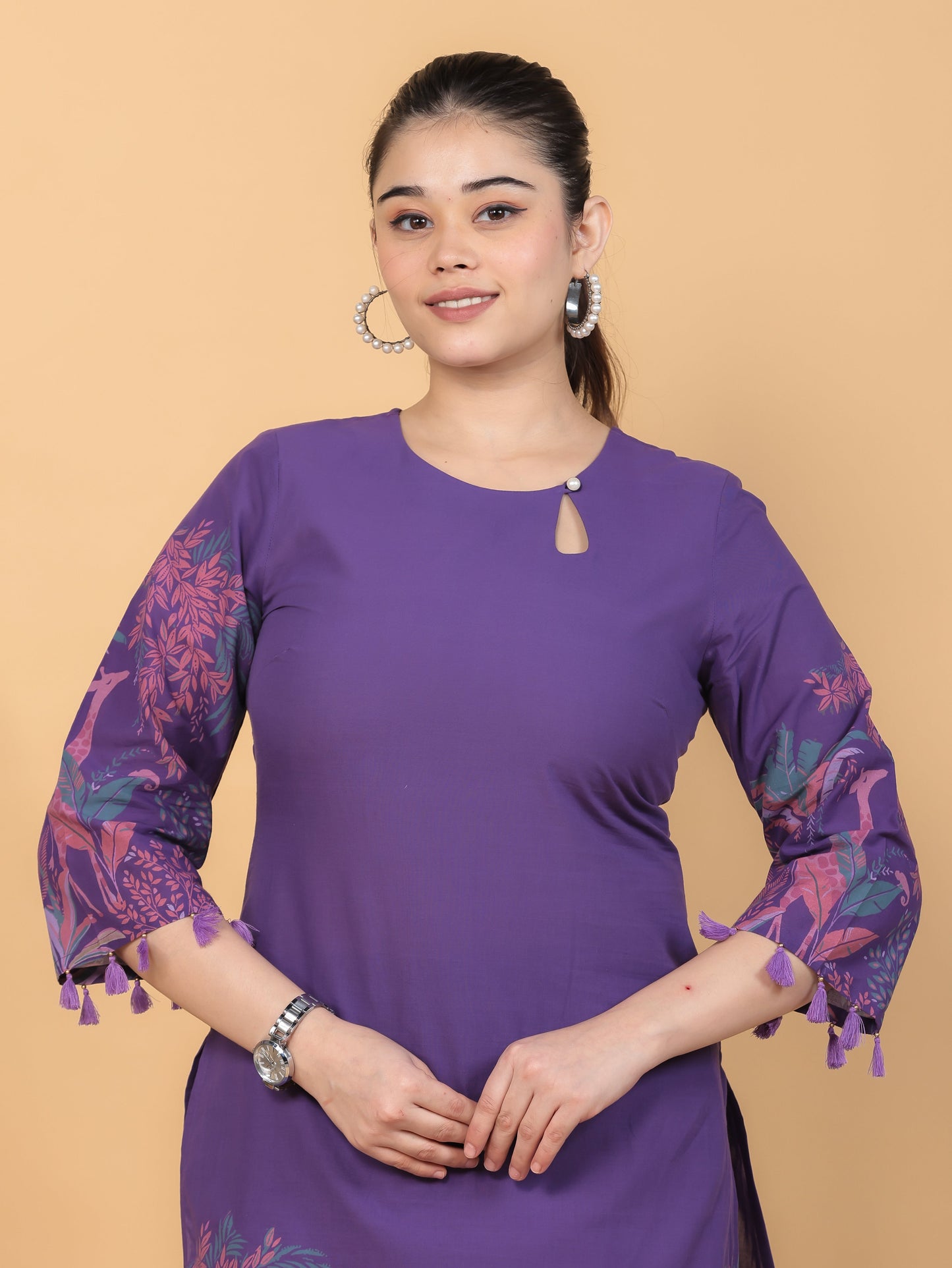 Soft Cotton Placement Print Straight Purple Kurta