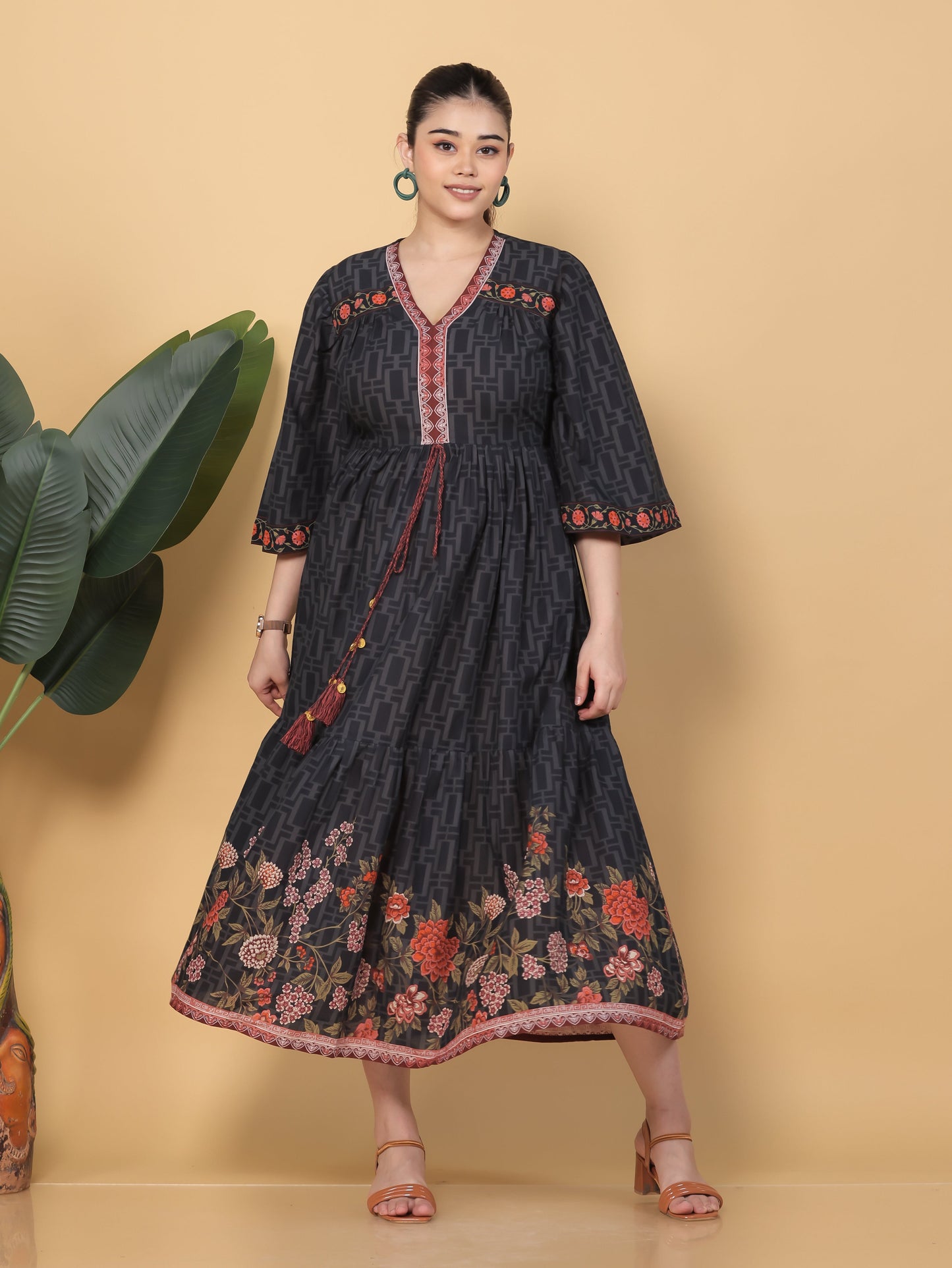 Soft Cotton Placement Print Flared Black Dress