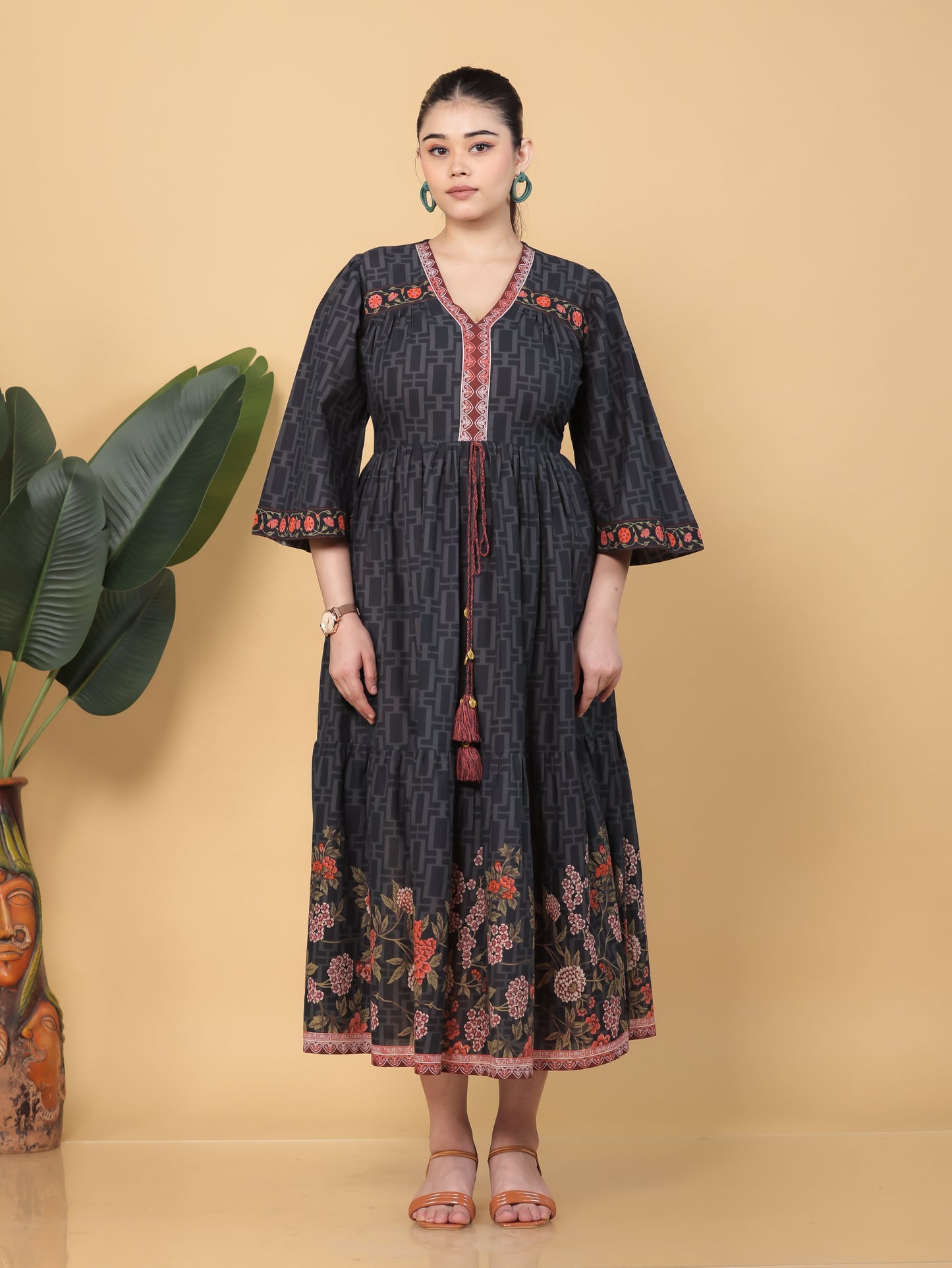 Soft Cotton Placement Print Flared Black Dress