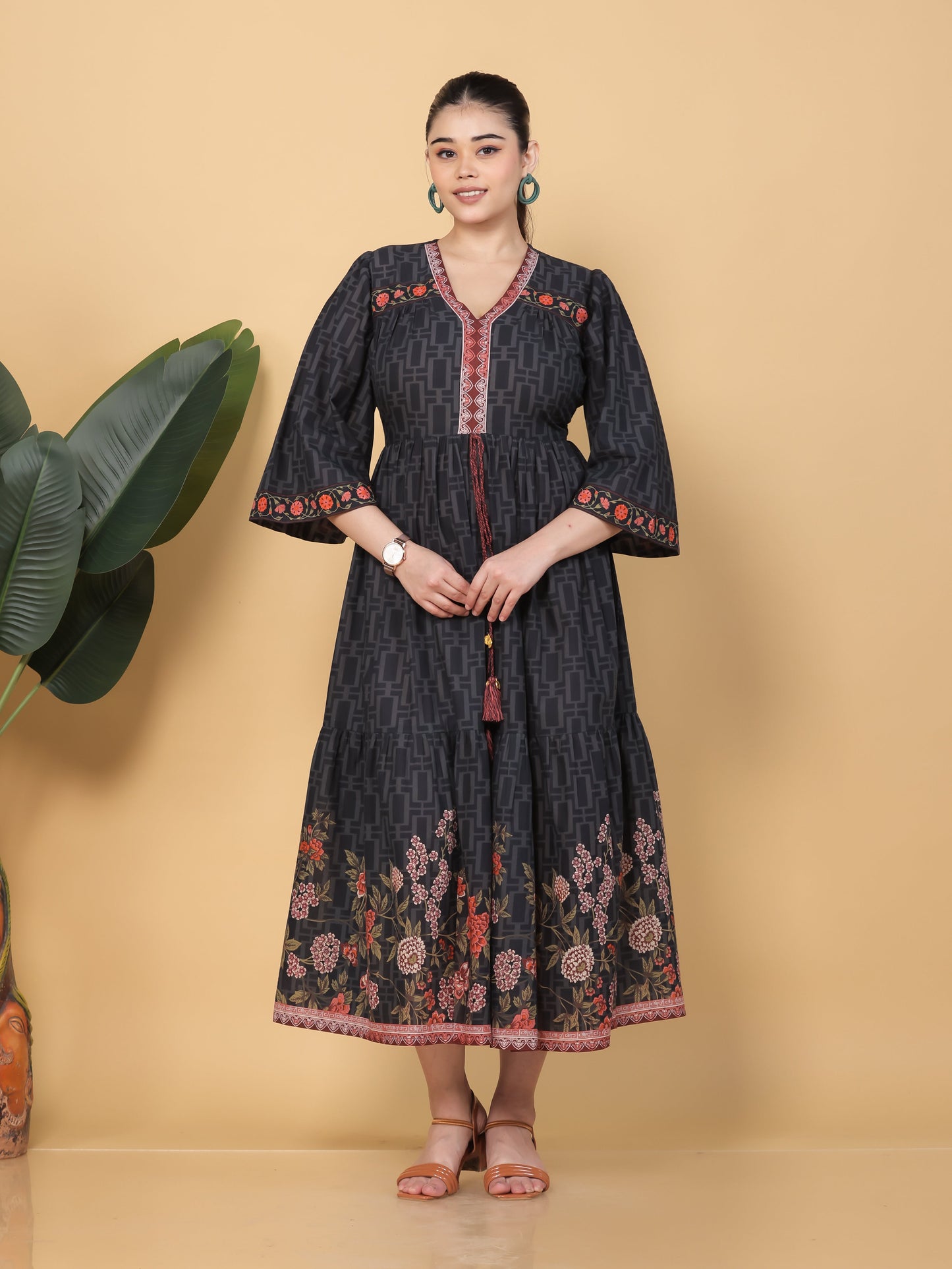 Soft Cotton Placement Print Flared Black Dress