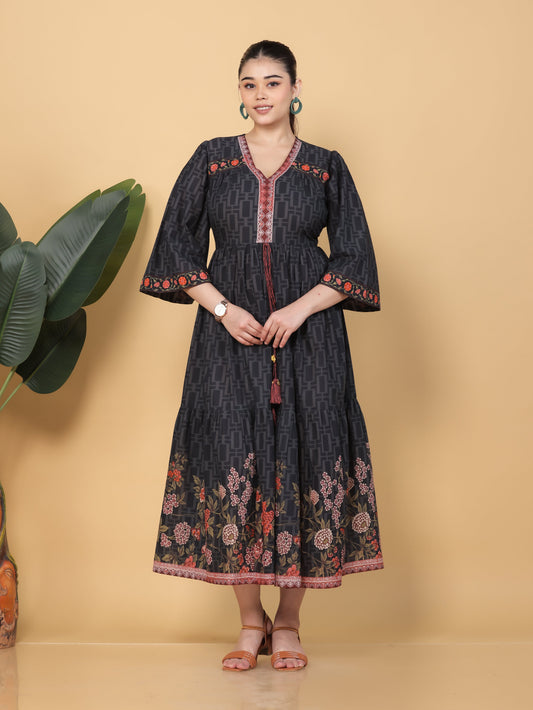 Soft Cotton Placement Print Flared Black Dress