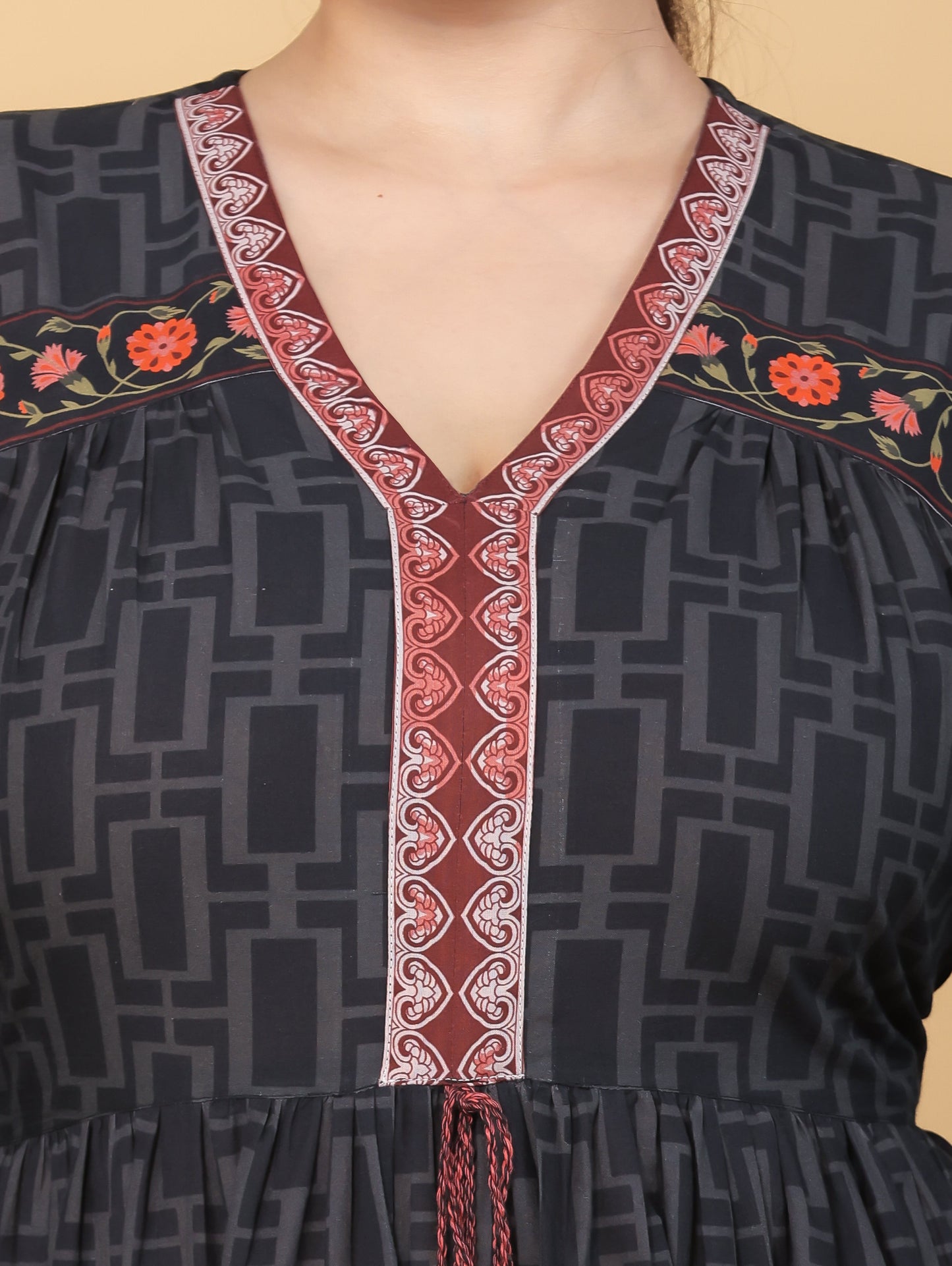 Soft Cotton Placement Print Flared Black Dress