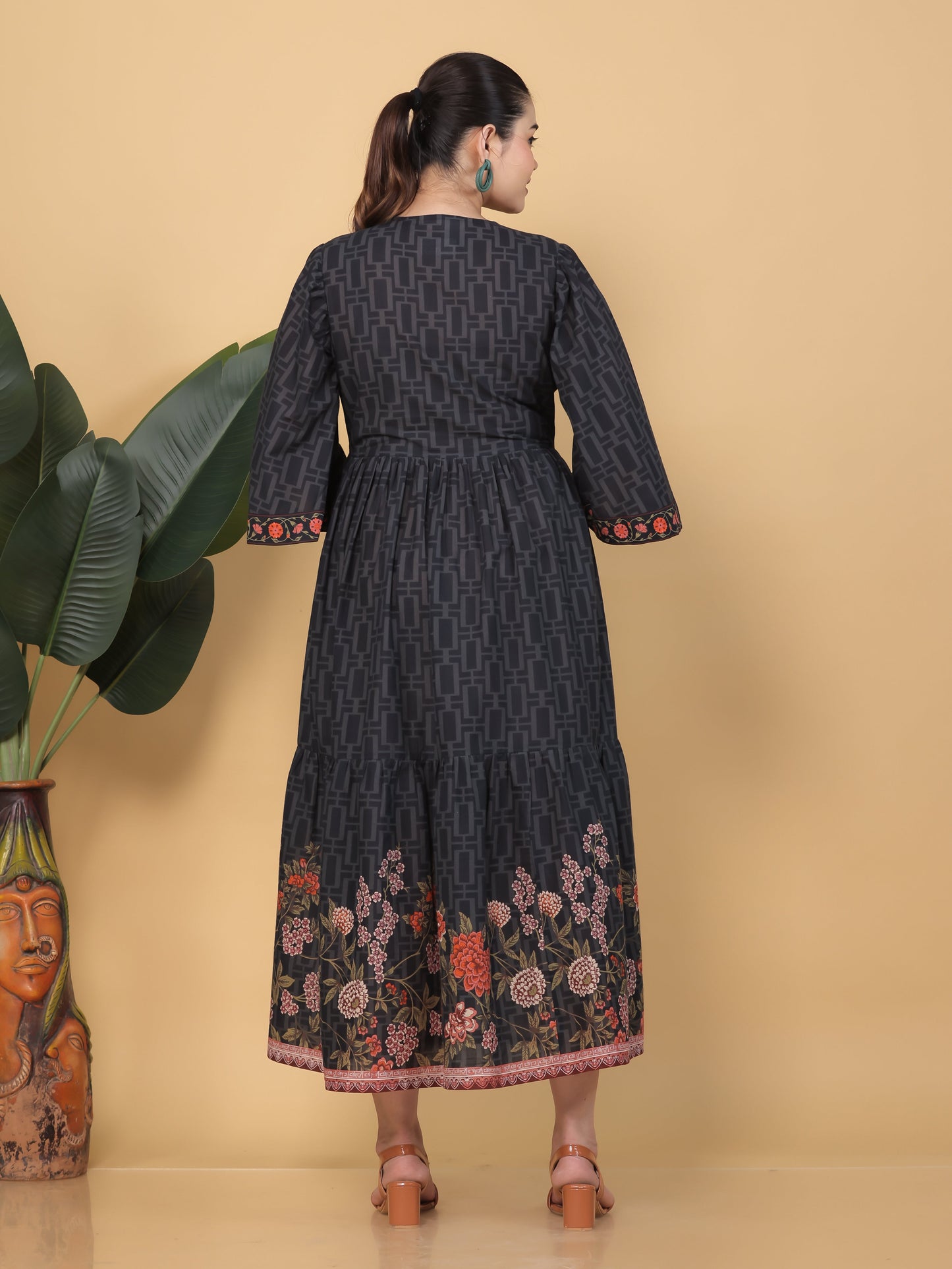 Soft Cotton Placement Print Flared Black Dress