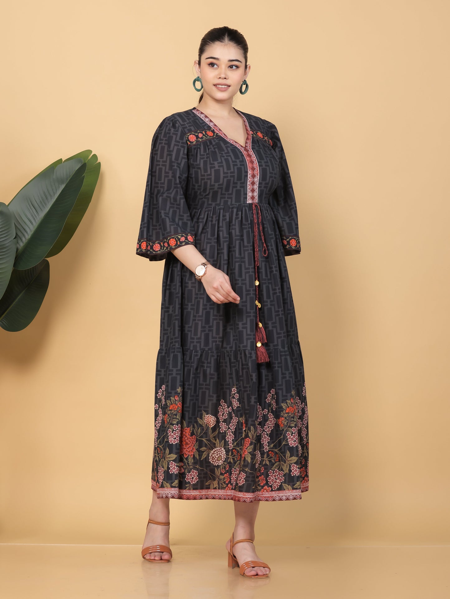Soft Cotton Placement Print Flared Black Dress