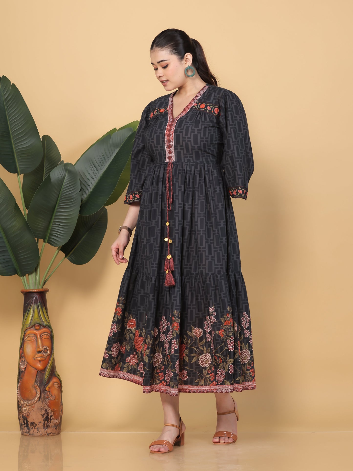 Soft Cotton Placement Print Flared Black Dress