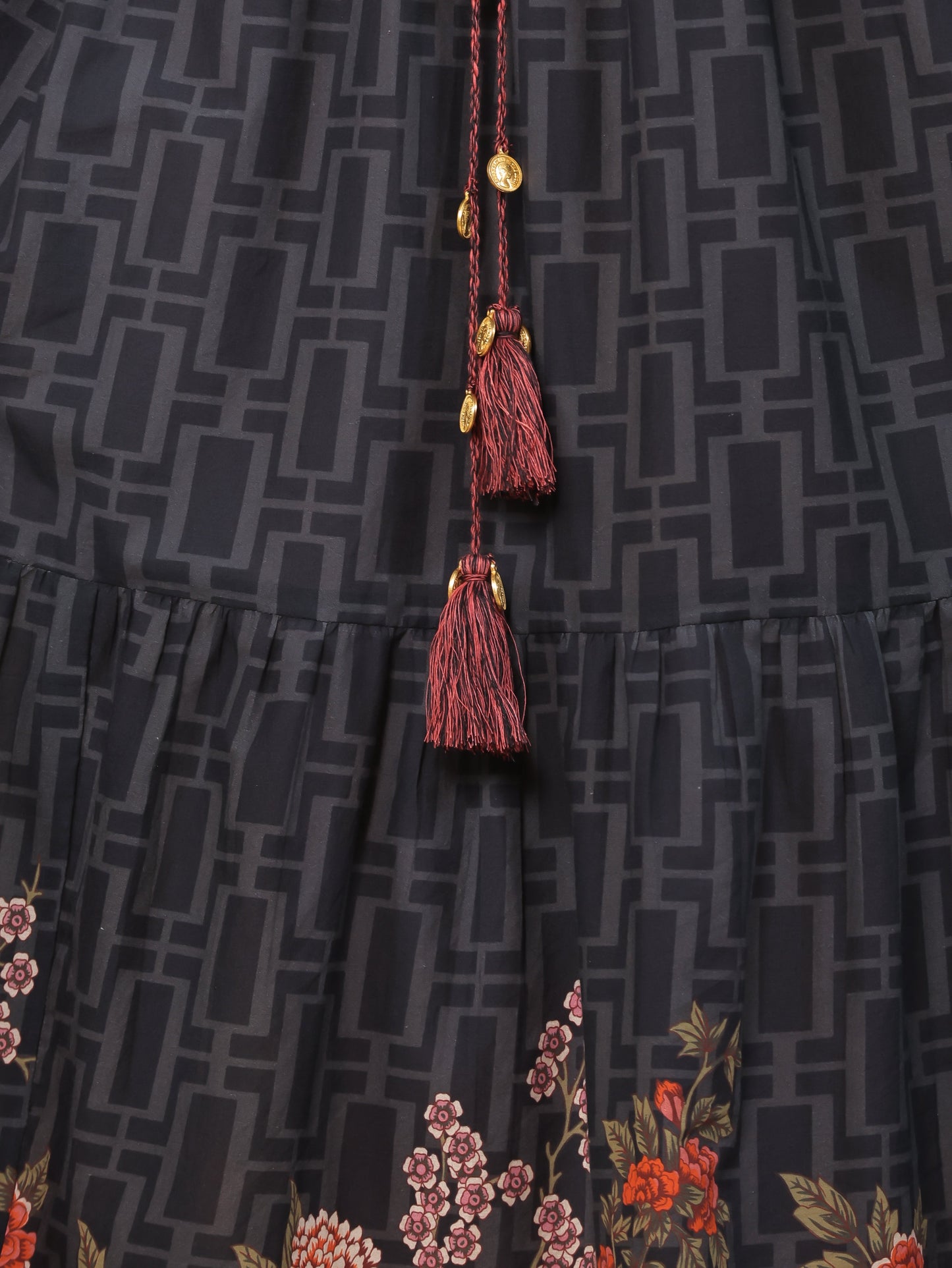 Soft Cotton Placement Print Flared Black Dress