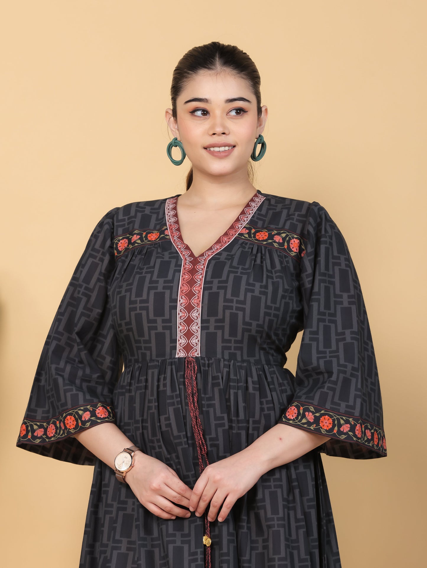 Soft Cotton Placement Print Flared Black Dress