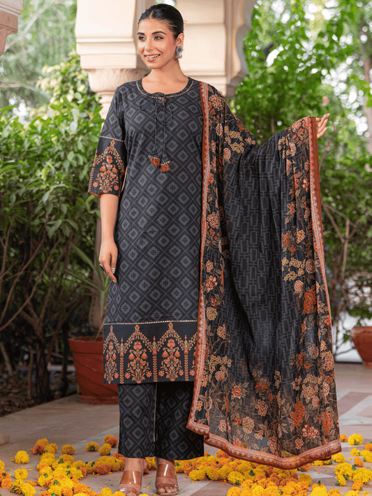 Cotton Voile Floral Black Dupatta