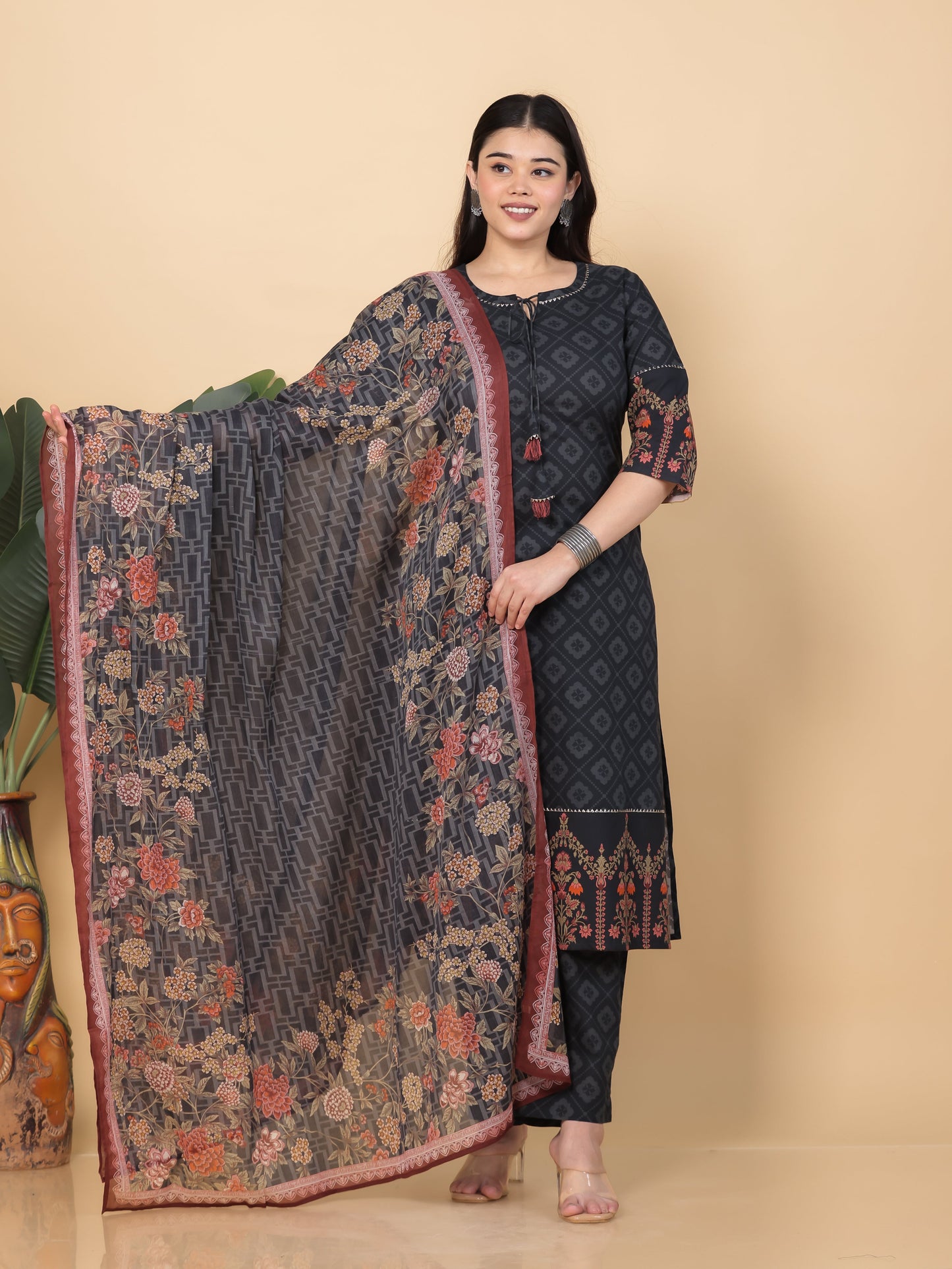 Cotton Voile Floral Black Dupatta