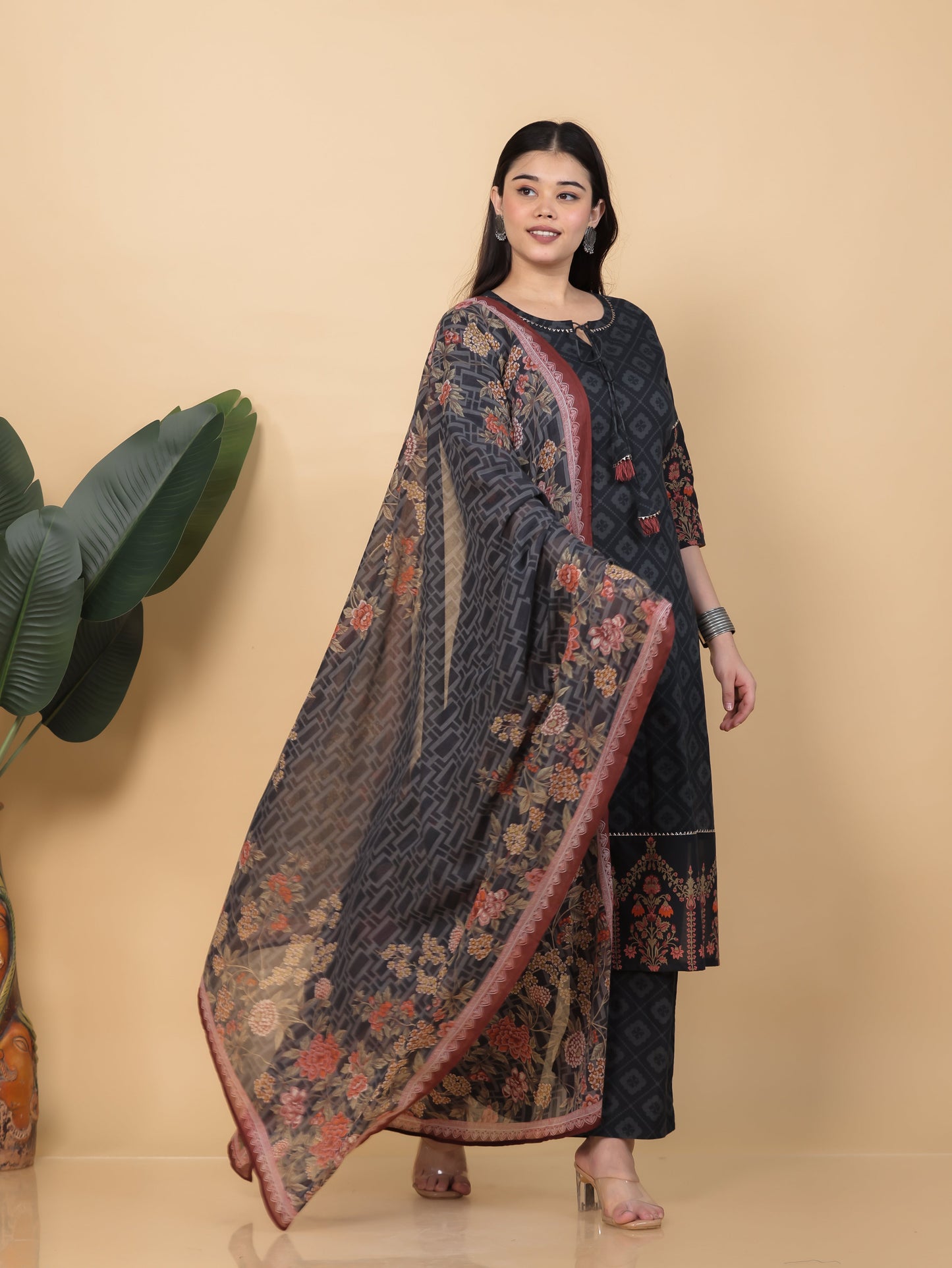 Cotton Voile Floral Black Dupatta